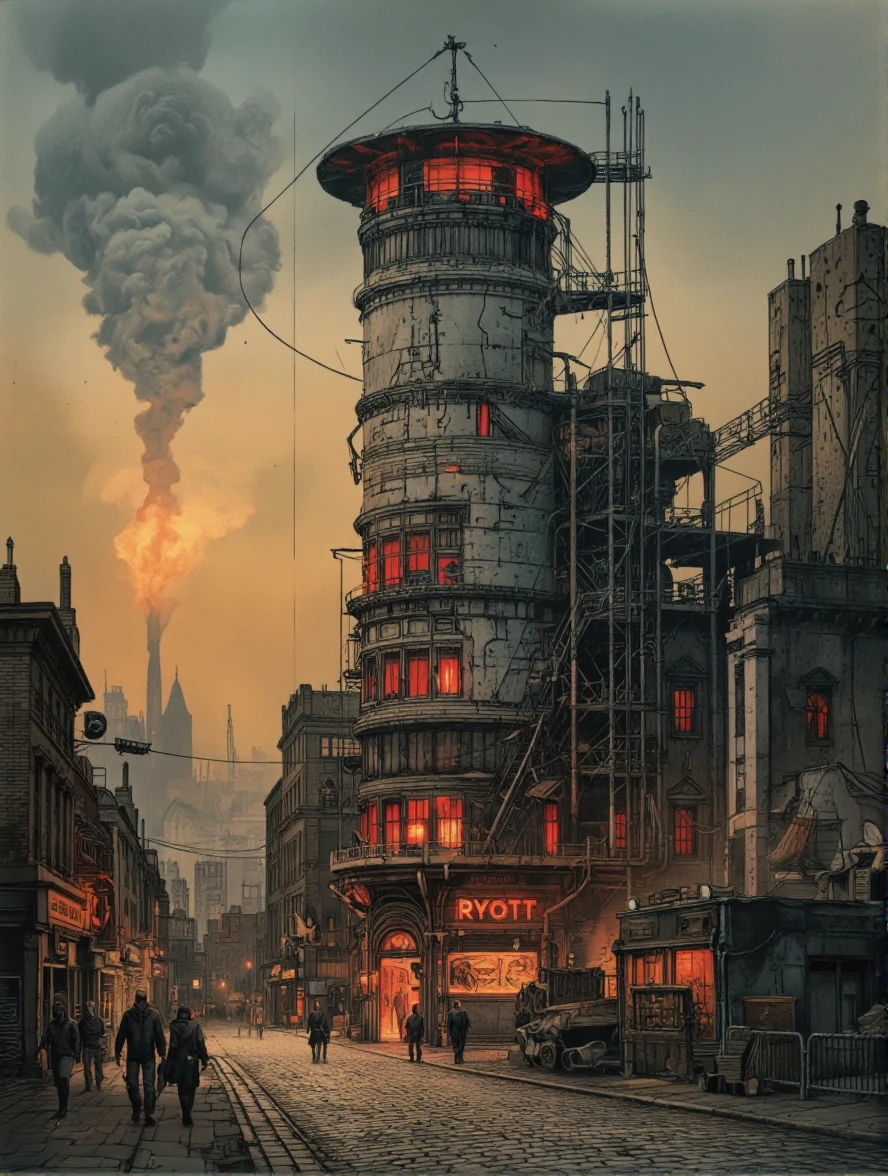 RyOtt style. A post-apocalyptic landscape featuring a tall, cylindrical building with glowing red lights, surrounded by silhouetted figures of people walking on a cobblestone street. The sky is filled with a fiery orange and yellow hue, with a large, swirling cloud of smoke rising from the top left corner. The scene is set against a backdrop of industrial buildings and a distant cityscape. The overall mood is eerie and foreboding, evoking a sense of danger and exploration.