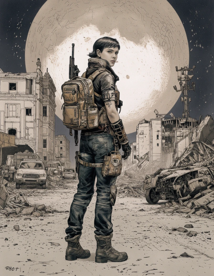 RyOtt style. A digital illustration shoot from behind about a futuristic soldier stands alone in a desolate landscape with a large moon in the background. the image also shows a desolate wasteland with destroyed buildings, vehicles, and debris scattered around. on the middle of the image, a young woman with short black hair, wearing a futuristic military-style outfit, consisting of a backpack, pants, and boots, is standing confidently with her back to the viewer, looking over her shoulder. she appears to be in her mid-twenties, with a serious expression on her face. her body is slim and toned, and she has a tattoo on her left arm. her outfit is made of metal and has a bulletproof vest attached to it, along with a holster and a gun holster. she is also wearing jeans and boots.