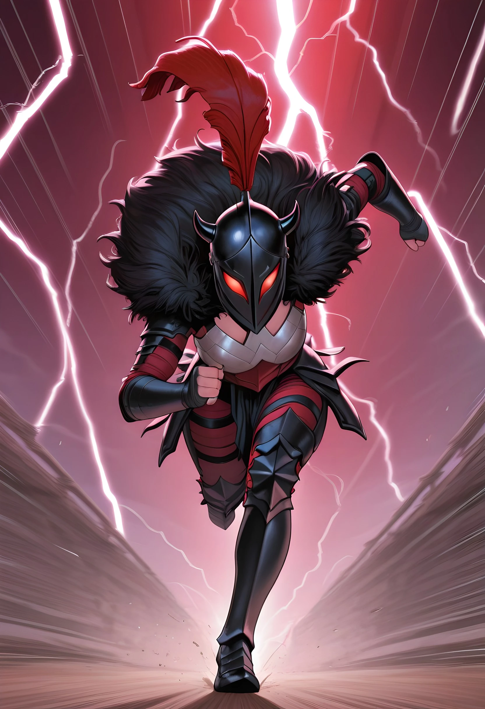 masterpiece, best quality, amazing quality, absurdres, AbsoWW, armor, 1girl, helmet, plume, small black horns, full armor, solo, lightning, fur trim, red under armor, running, black greaves <lora:Absolute_Wonder_Woman:1.0>