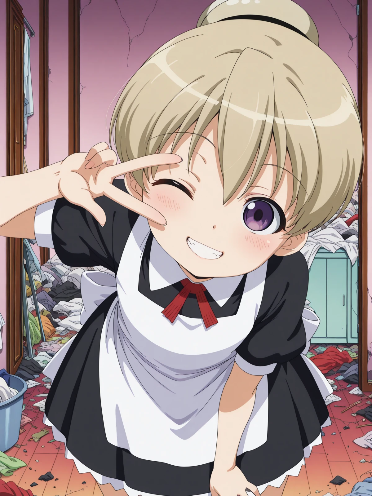 masterpiece, best quality, amazing quality,, <lora:kaibutsuoujo-flandre-s1-illustriousxl-lora-nochekaiser:1>, flandre, short hair, blonde hair, purple eyes, hair bun, anime screencap, apron, maid,, <lora:gyaru-v-illustriousxl-lora-nochekaiser:1>, gyaruv, solo, looking at viewer, blush, smile, cowboy shot, teeth, one eye closed, v, leaning forward, v over eye,, messy room, clutter, clothes_on_floor, disorganization, laundry, cowboy shot, solo, looking at viewer,