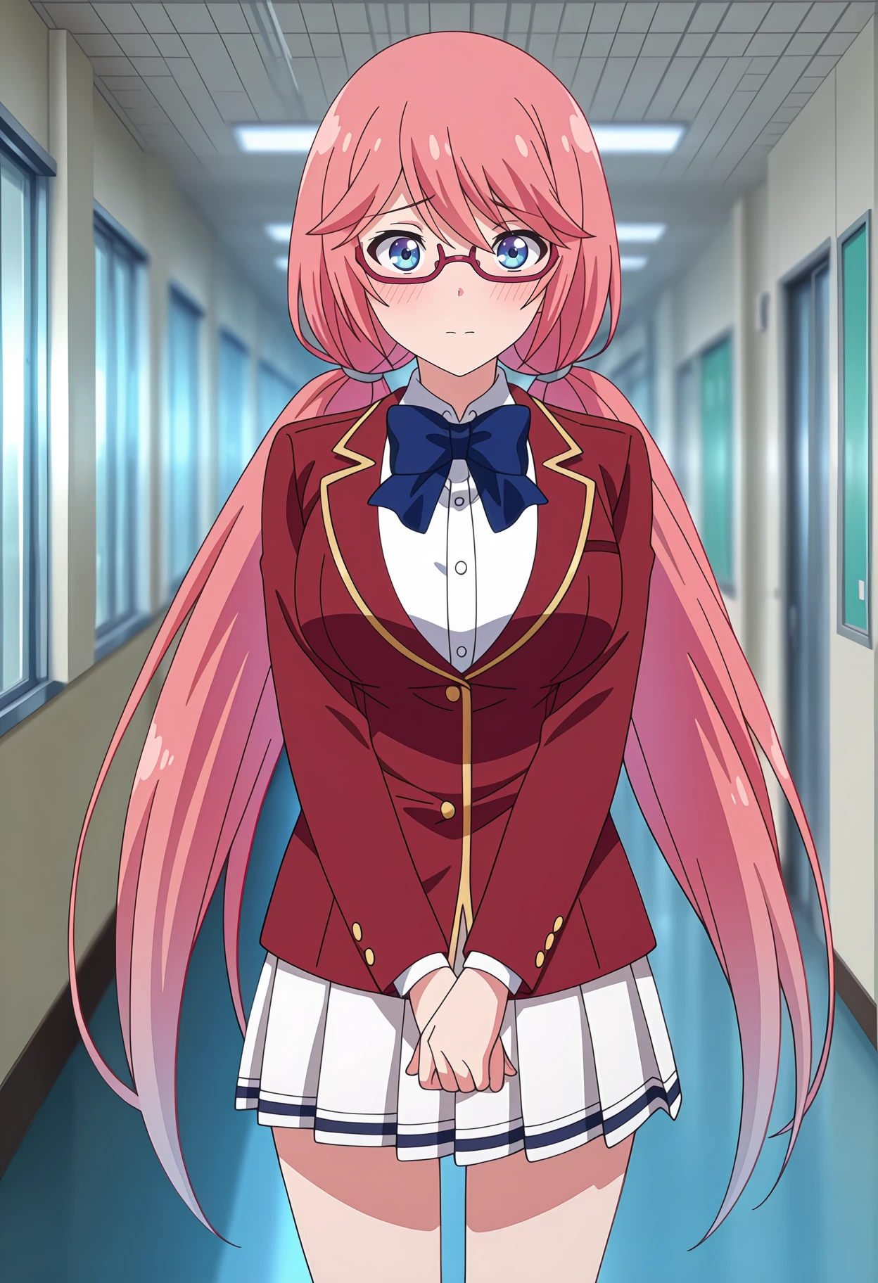 anime screencap, masterpiece, best quality,
1girl, solo, closed mouth, shy, blush,
low twintails, swept bangs, hair between eyes, very long hair, pink hair, blue eyes, under-rim eyewear,
blazer, red jacket, collared shirt, white shirt, blue bowtie, long sleeves, miniskirt, pleated skirt, white skirt,
v arms, standing, looking at viewer, cowboy shot,
hallway, photo background, blurry background
<lora:ClassroomOfTheElite_SakuraAiri_IlluXL:0.9>