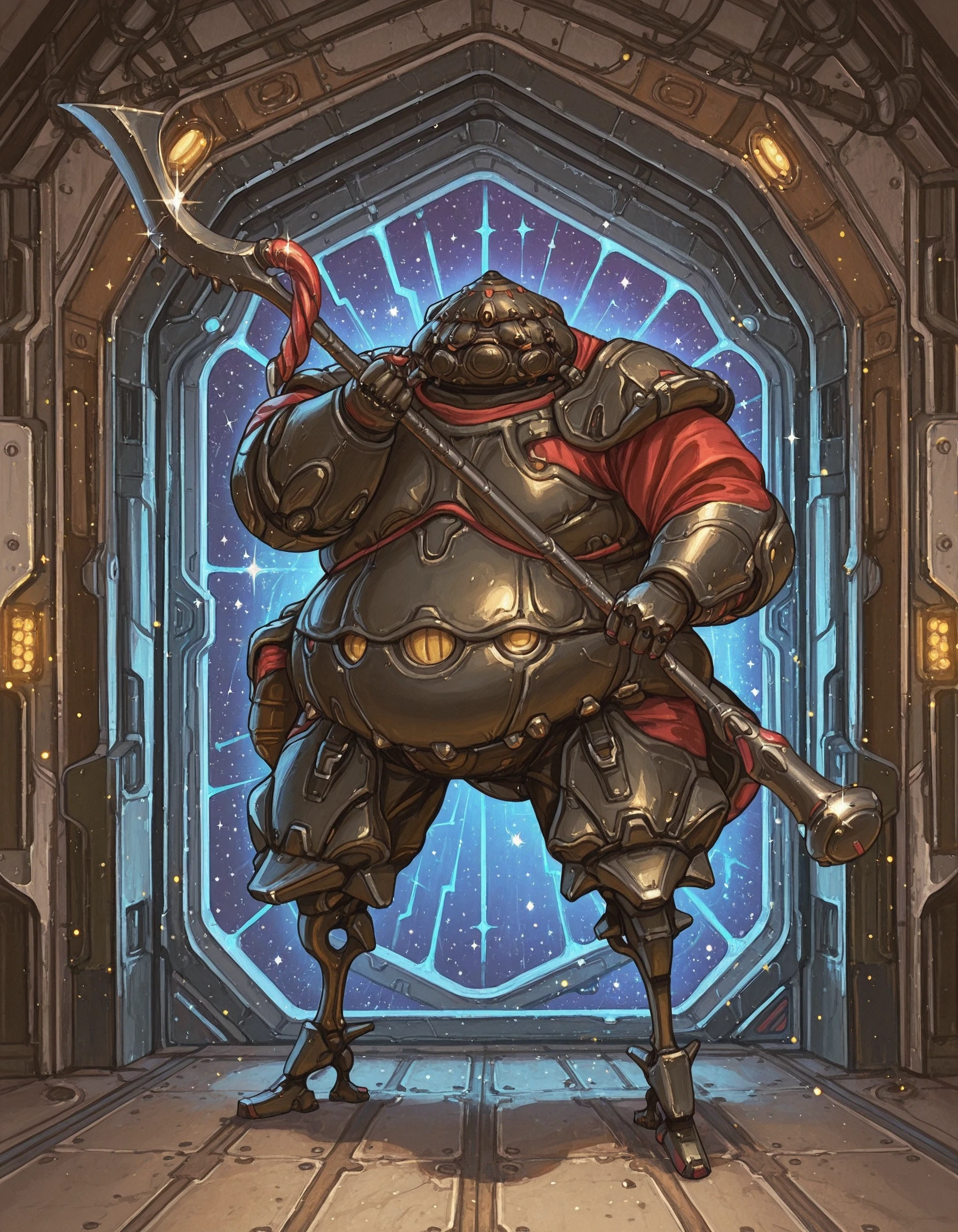 solo, robot, weapon, 1boy, armor, male focus, holding, kuva <lora:Kuva_Guardian_warframeIIIustriousComission_LoRA:0.8>, <lora:Toshi_style:0.8> toshi, vibrant colors, sharp linework, cel-shading, sparkling, magical particles, geometric patterns