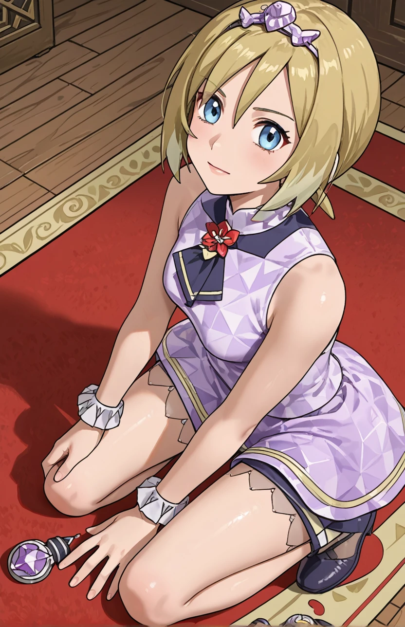 2d, masterpiece, best quality, amazing quality, highres, absurdres, newest, 1girl, solo, kneeling, seiza, from above, dutch angle, looking at viewer, carpet, wooden floor, aged up, annirida, irida \(pokemon\), blonde hair, blue eyes, short hair, hair between eyes, jewelry, tiara, purple ascot, red flower, sleeveless dress, purple dress, wrist cuffs, shorts under dress, purple shorts, shoes, purple footwear, score_9, score_8_up,score_7_up,source_anime