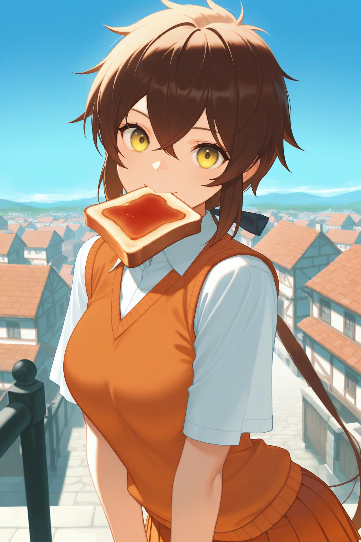 masterpiece, best quality, 1girl, solo, <lora:xclora-illu-nvwls-v1-000006:1> xclo, brown hair, low ponytail, hair between eyes, yellow eyes, orange sweater vest, white shirt, short sleeves, orange skirt, pleated skirt, toast in mouth, looking at viewer, happy, town, blue sky, medium breasts