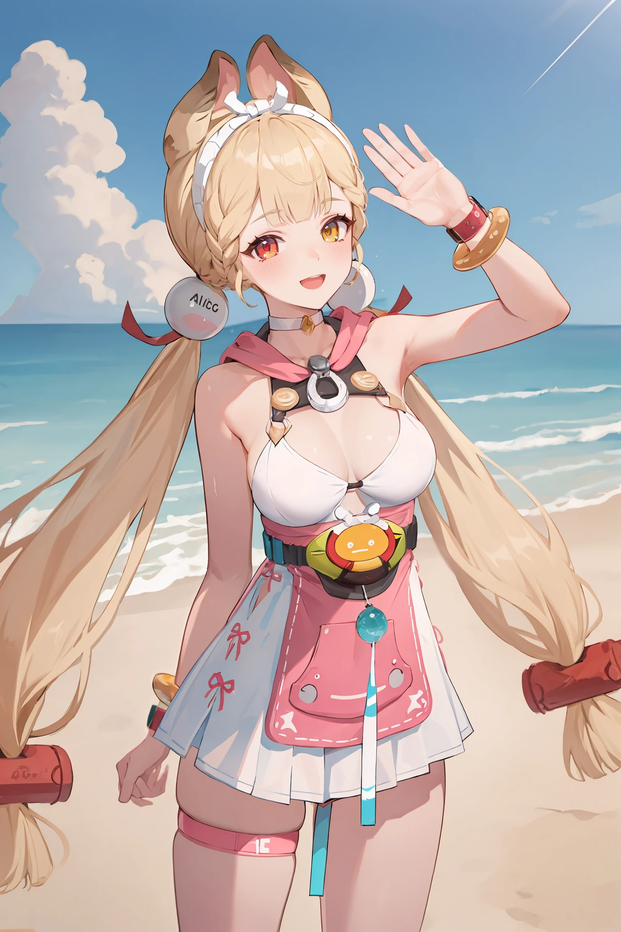 (best quality, masterpiece:1.2), <lora:Char-ZZZ-Alice-V1-SD1.5:0.9:hr=0.6>, 1girl, alice thymefield, heterochromia, solo, braided bangs, twintails, hair bobbles, white hairband, white choker, pink hood, dress swimsuit, utility belt, bracelet, wristwatch, thigh strap, waving, looking at viewer, smile, open mouth, standing, contrapposto, cowboy shot, outdoors, beach, ocean, blue sky, cumulonimbus cloud, depth of field, depth of field