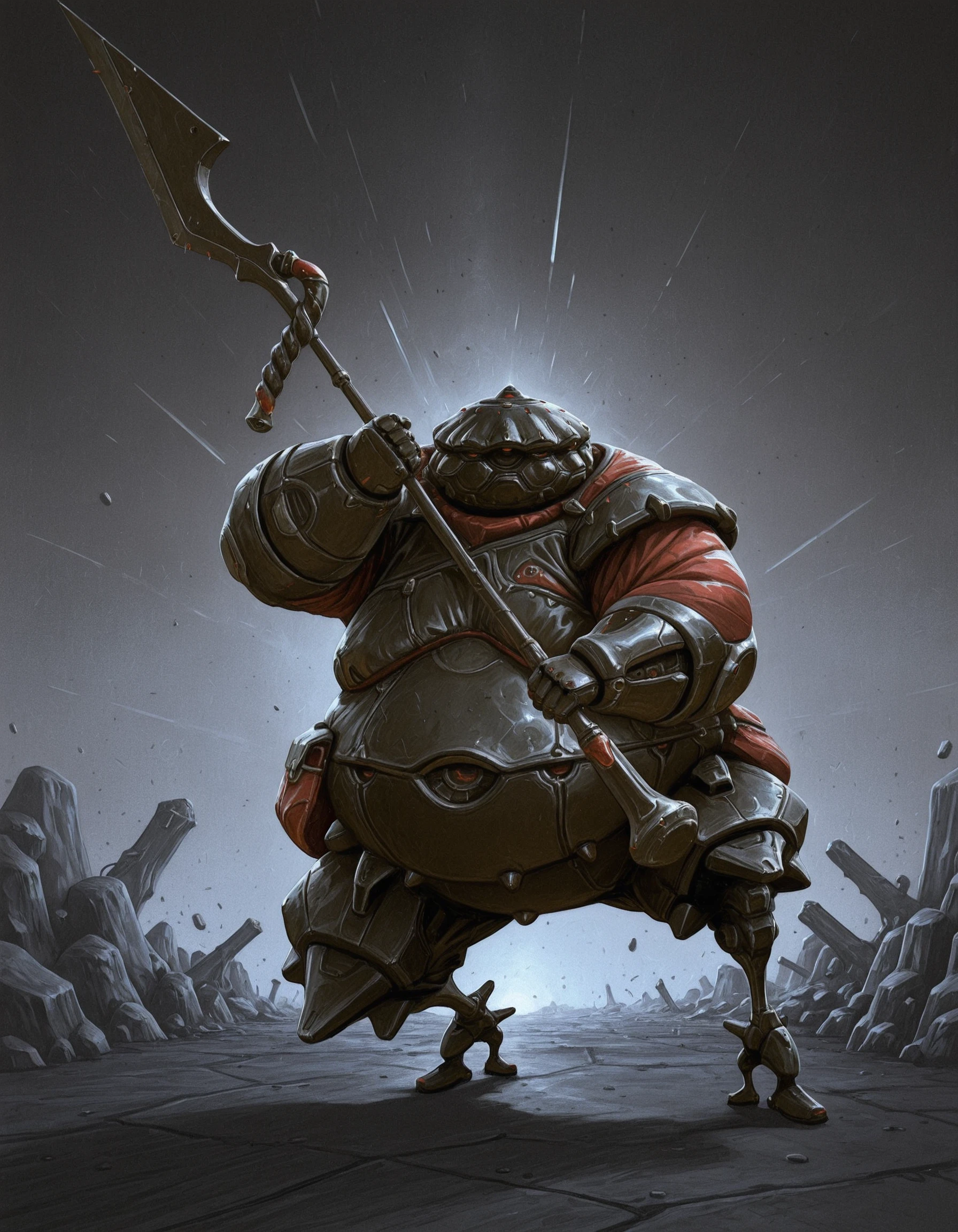 solo, robot, weapon, 1boy, armor, male focus, holding, kuva, dynamic pose <lora:Kuva_Guardian_warframeIIIustriousComission_LoRA:0.8>, <lora:Dave_Rapoza_-_ArtStyle_-_Magic_The_Gathering:0.8> r4p0z4-style, charcoal (medium), acrylic paint (medium)