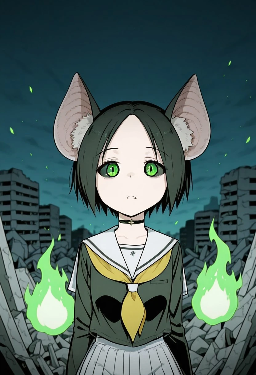 Masterpiece, top quality, amazing quality, Score_9, Score_8_up, Score_7_up, core_9, Score_8_up, Score_7_up, 1 mature female, alone, alone, Chii Suimori, short hair, black hair, bat ears, ear fluff, bald forehead, Green eyes, 
bright eyes, black sclera, blank stare, wide open eyes, flash in the eye, standing in a destroyed city, rubble, ruined buildings, desolate landscape, dark sky, green fire
BREAK, photorealistic, beautiful detailed eyes, detailed skin, detailed hair, volumetric lighting, dappled light, light particles, dramatic shadows, cinematic lighting, photo background, depth of field,