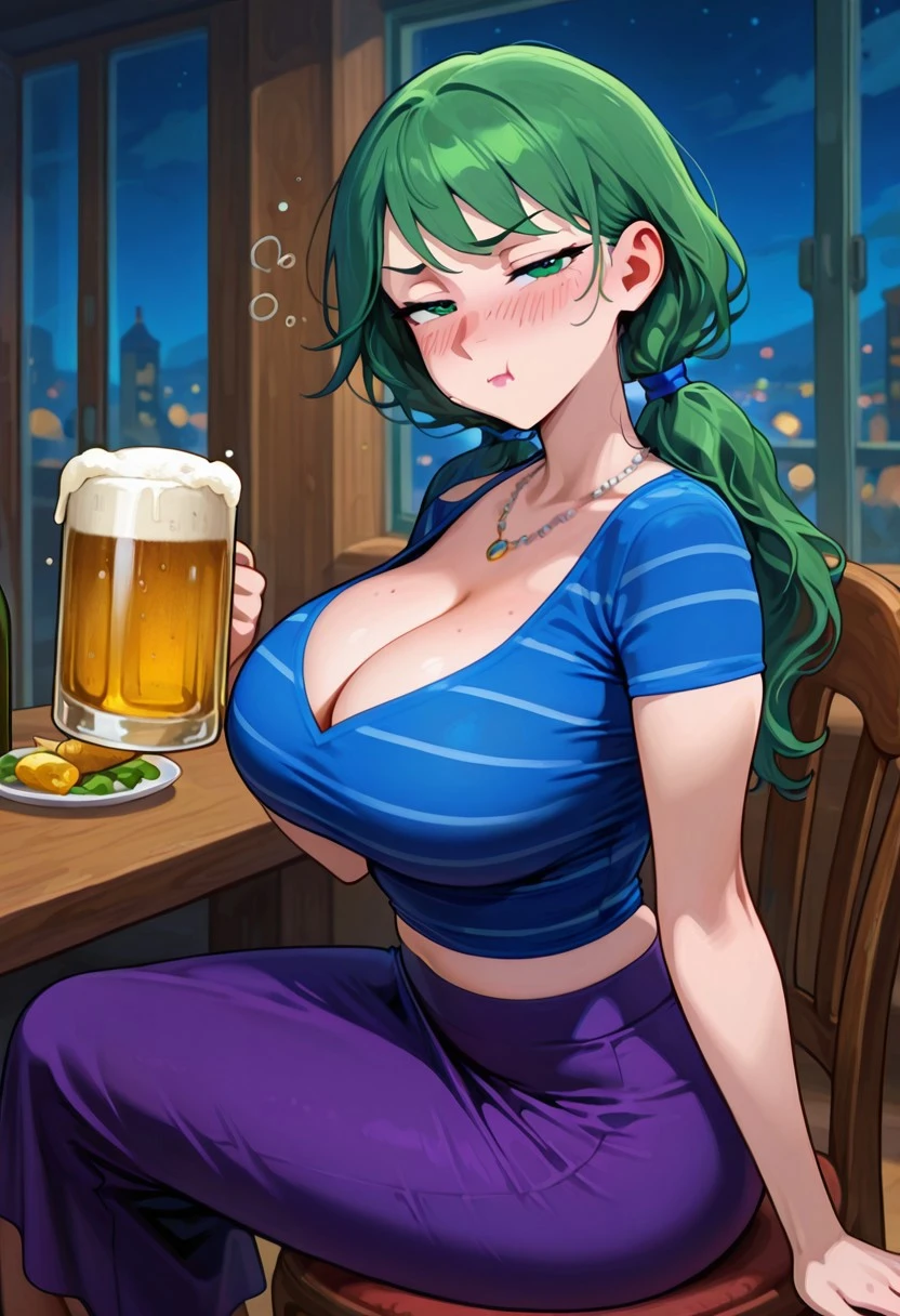 masterpiece, best quality, amazing quality,, absurdres, newest, very awa, beautiful eyes, 1girl, solo, 
caroline_sdv, green eyes, green hair, low-tied twintails, blue hair ties, necklace, jewelry,
mature female, large breasts,blush, lipstick,
Cleavage, midriff, 
blue striped shirt, short sleeves, long purple skirt, 
drunk pouting, solo, looking at viewer, blush, holding, closed mouth, sitting, sky, indoors, from side, cup, window, night, chair, table, bottle, holding cup, night sky, drinking glass, alcohol, :t, pout, beer, mug, half-closed eyes, feet out of frame,