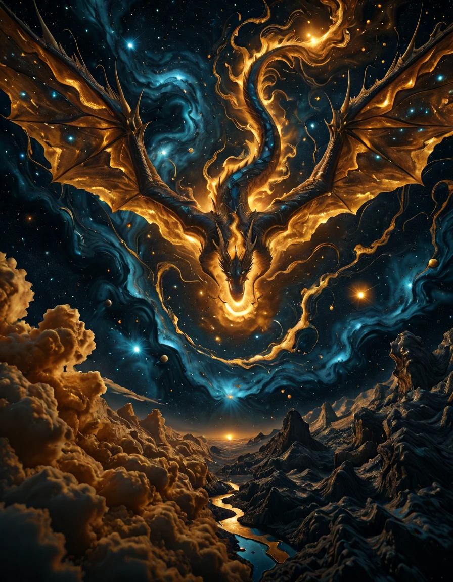 <lora:Gold_dream_ill:0.8> gdv1, gigantic celestial dragon made of swirling golden fire, eyes glowing deep blue, flying across cosmic nebula, stars shimmering in trails of blue and gold, broken asteroids glowing faintly, atmosphere of divine power, cinematic fantasy scale, epic mythological creature