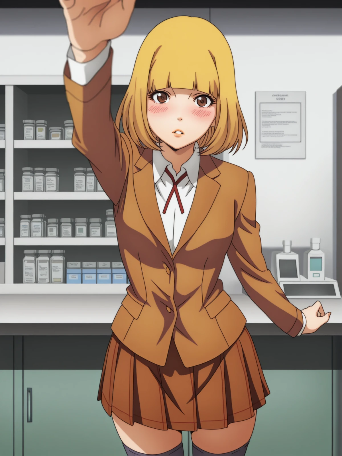 masterpiece, best quality, amazing quality,, <lora:hana-midorikawa-s1-illustriousxl-lora-nochekaiser:1>, hana midorikawa, short hair, bangs, blonde hair, brown eyes, blunt bangs, mature female, small breasts, anime screencap, skirt, shirt, thighhighs, black thighhighs, zettai ryouiki, blazer, brown blazer, brown skirt, <lora:incoming-headpat-illustriousxl-lora-nochekaiser:1>, incoming headpat, headpat, pov, outstretched arm, reaching, reaching towards viewer, looking at viewer, parted lips, blush, pharmacy, medicine, shelves, counter, health, cowboy shot, solo, looking at viewer,