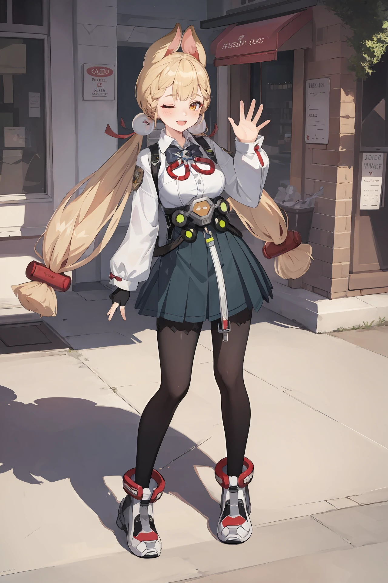 (best quality, masterpiece:1.2), <lora:Char-ZZZ-Alice-V1-SD1.5:0.9:hr=0.6>, 1girl, alice thymefield, heterochromia, solo, braided bangs, twintails, hair bobbles, white collared shirt, ribbon-trimmed sleeves, two-tone bowtie, chest harness, fingerless gloves, utility belt, high-waist pleated skirt, print pantyhose, high tops, full body, standing, contrapposto, smiling, open mouth, one eye closed, looking at viewer, waving, floating hair, outdoors, street