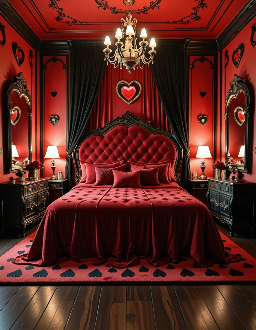 The lavish and eccentric bedroom of the Queen of Hearts, inspired by Alice in Wonderland, decorated in bold shades of red, black, and gold. At the center, a grand heart-shaped bed draped in velvet and silk dominates the room, surrounded by ornate furniture with heart motifs carved into the wood. Playing card symbols adorn the walls and floor, while oversized heart-shaped mirrors and gilded chandeliers reflect the warm crimson glow of candlelight. The atmosphere is whimsical, regal, and slightly menacing, filled with fantasy and extravagance, completely empty of people.bedroom of the Queen of H34rts <lora:bedroom_of_the_Queen_of_H34rts-i:1>, Masterpiece,best quality,hi res,8k,hi res,8k,award winning,(sharp focus, intricate, highly detailed),