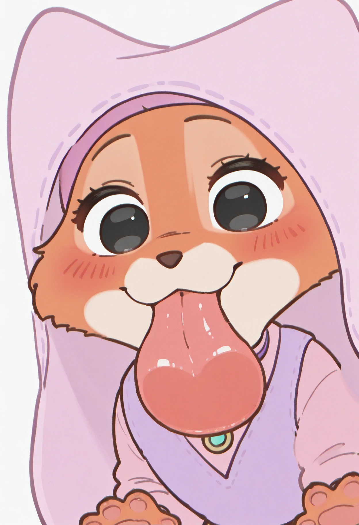 masterpiece, best quality, newest, absurdres, lazypos, (maid marian \(disney\):0.5),
m4r14n-p3np3n-st4le, orange fur, black eyes, pink veil,
chibi, blush, blush_sticker, licking screen, looking at viewer, simple background, tongue, tongue out, chibi, :3, paws
<lora:Chibi_licking_your_screen:1>
<lora:Marian-PenPen-style_il:0.8>
