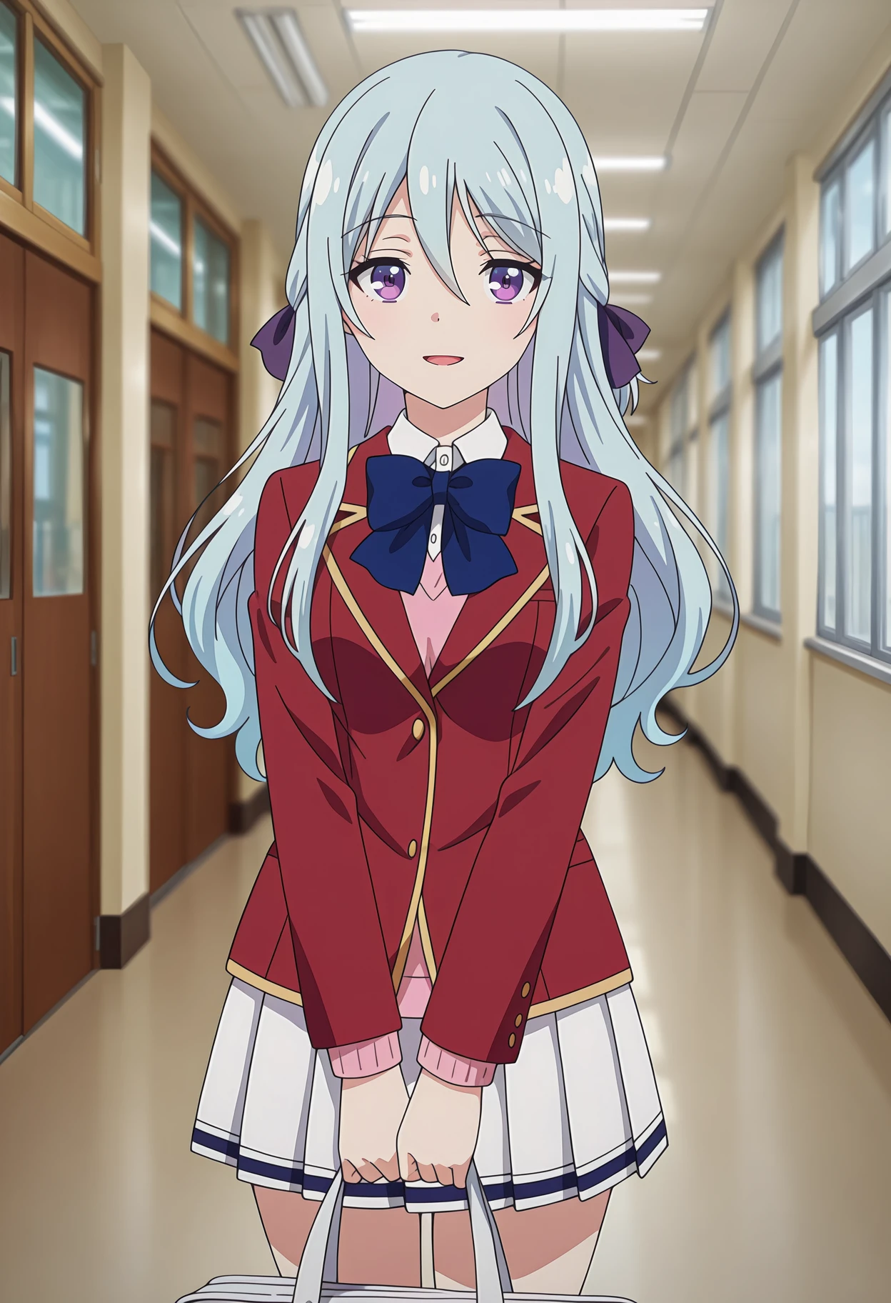 anime screencap, masterpiece, best quality,
1girl, solo, open mouth, light smile,
hair between eyes, long hair, light blue hair, purple eyes, hair ribbon, purple ribbon,
blazer, red jacket, collared shirt, white shirt, pink sweater, blue bowtie, long sleeves,
miniskirt, pleated skirt, white skirt,
holding bag, school bag, white bag,
v arms, standing, looking at viewer, cowboy shot, three quarter view,
hallway, photo background, blurry background
 <lora:ClassroomOfTheElite_HiyoriShiina_IlluXL:0.9>