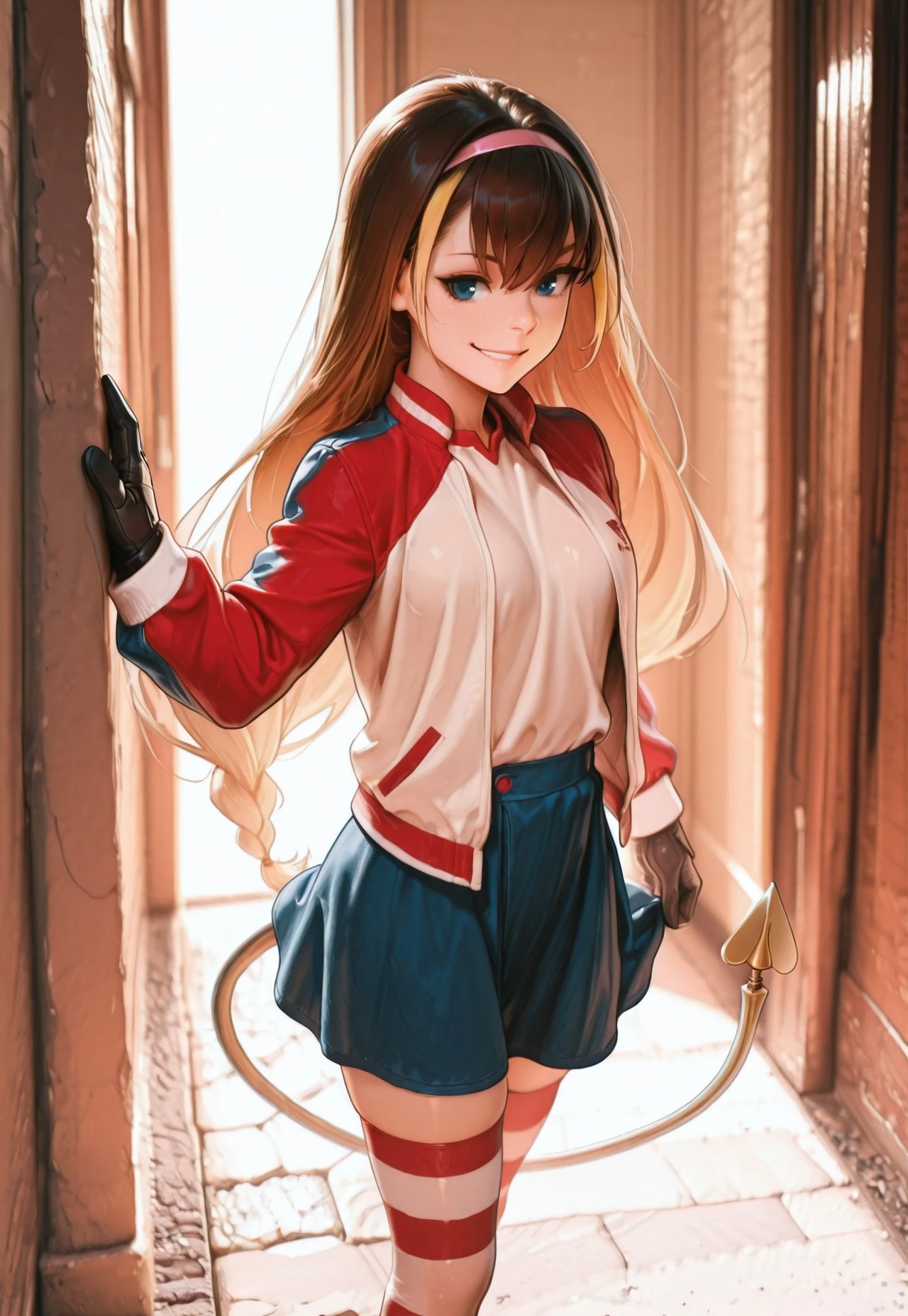 masterpiece, very aesthetic, absurdres, sinfully stylish, dramatic lighting, soft light, long shadows, detailed, ultra-detailed, masterpiece, very aesthetic, absurdres, perfect quality, absolutely eye-catching, best quality, intricate details, high-res,anime,, 1girl, solo, blue eyes, multicolored hair, streaked hair, long hair, brown hair, blonde hair, braid, mechanical tail, hairband, blue skirt, black gloves, striped thighhighs, jacket, smiling,