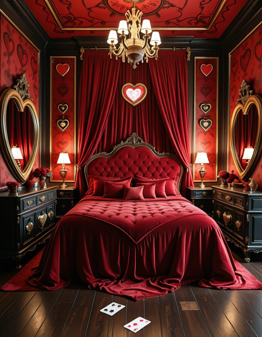 The lavish and eccentric bedroom of the Queen of Hearts, inspired by Alice in Wonderland, decorated in bold shades of red, black, and gold. At the center, a grand heart-shaped bed draped in velvet and silk dominates the room, surrounded by ornate furniture with heart motifs carved into the wood. Playing card symbols adorn the walls and floor, while oversized heart-shaped mirrors and gilded chandeliers reflect the warm crimson glow of candlelight. The atmosphere is whimsical, regal, and slightly menacing, filled with fantasy and extravagance, completely empty of people.bedroom of the Queen of H34rts <lora:bedroom_of_the_Queen_of_H34rts-i:1>, Masterpiece,best quality,hi res,8k,hi res,8k,award winning,(sharp focus, intricate, highly detailed),