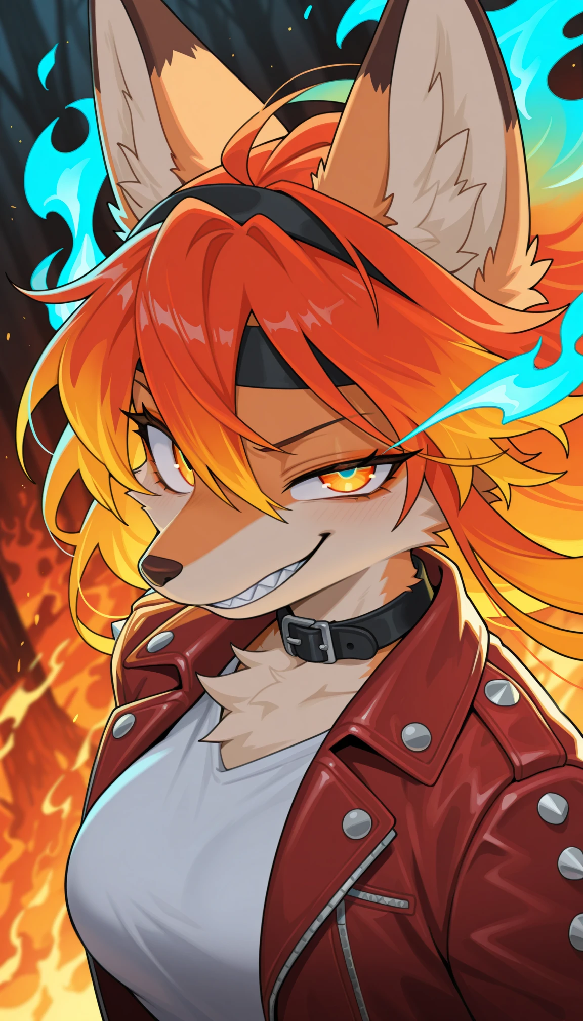 masterpiece, best quality, amazing quality, very aesthetic, 4k, high resolution, ultra-detailed, absurdres, newest, scenery, 1girl, furry, anthro, phoenix fox girl, orange fur, long hair, multicolored glowing hair, gradient hair, flame hair, (glowing orange hair:1.1), glowing blue hair, floating hair, hair between eyes, glowing gradient orange yellow eyes, multicolored eyes, very large eyes, uneven eyes, medium breasts, facing to the side, looking at viewer, upturned eyes, intimidating, long snout, smirk, smug, grin, crazy smile, sharp teeth, black headband with fire pattern, black collar with white spikes, leather flaming hot red jacket over white shirt, cinematic lighting, fluffy, portrait, dutch angle, (detailed multicolor fire forest background, fiery background:1.2), (blue fire:1.2) AND red fire, dark ambient, glow, BREAK, detailed eyes, depth of field, detailed fluffy fur, volumetric lighting
