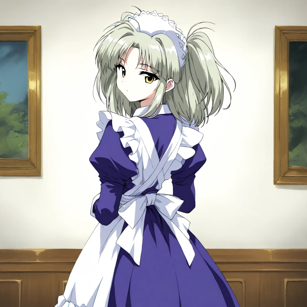 masterpiece,high score,great score,absurdres,solo,looking at viewer,cowboy_shot,from back,<lora:MyleneTrantoul ag4o:1> mylenetrantoul, grey hair, two side up, yellow eyes,maid headdress,maid,apron,
