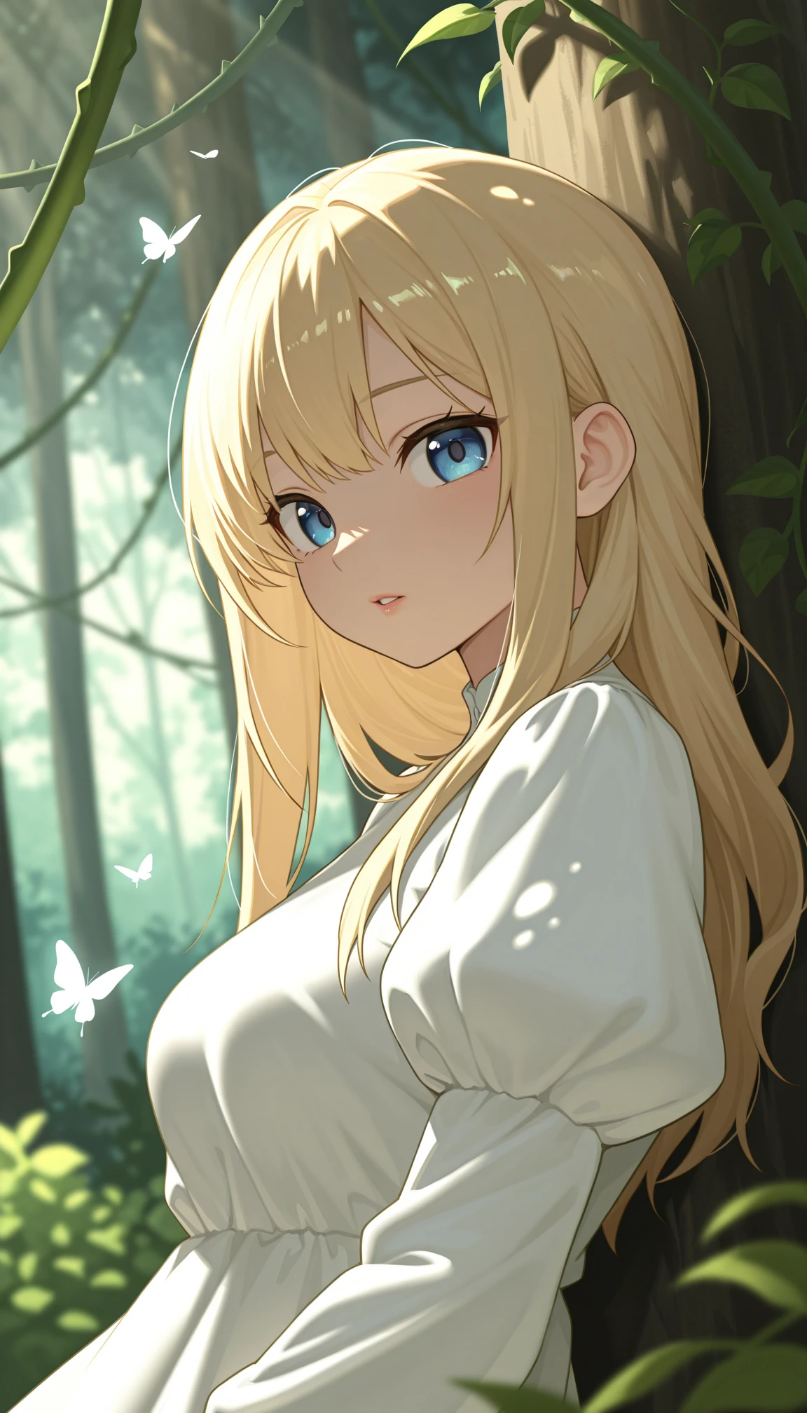 masterpiece, best quality, amazing quality, very aesthetic, 4k, high resolution, ultra-detailed, absurdres, newest, scenery, (dappled sunlight:1.2), rim light, backlit, dramatic shadow, 1girl, long blonde hair, blue eyes, shiny eyes, parted lips, medium breasts, puffy sleeve white dress, forest, flowers, white butterfly, looking at viewer, leaning side against tree, vines, green, arms, upper body, close-up, dutch angle, shiny skin, BREAK, eyes, lips, dramatic shadow, depth of field, vignetting, volumetric lighting