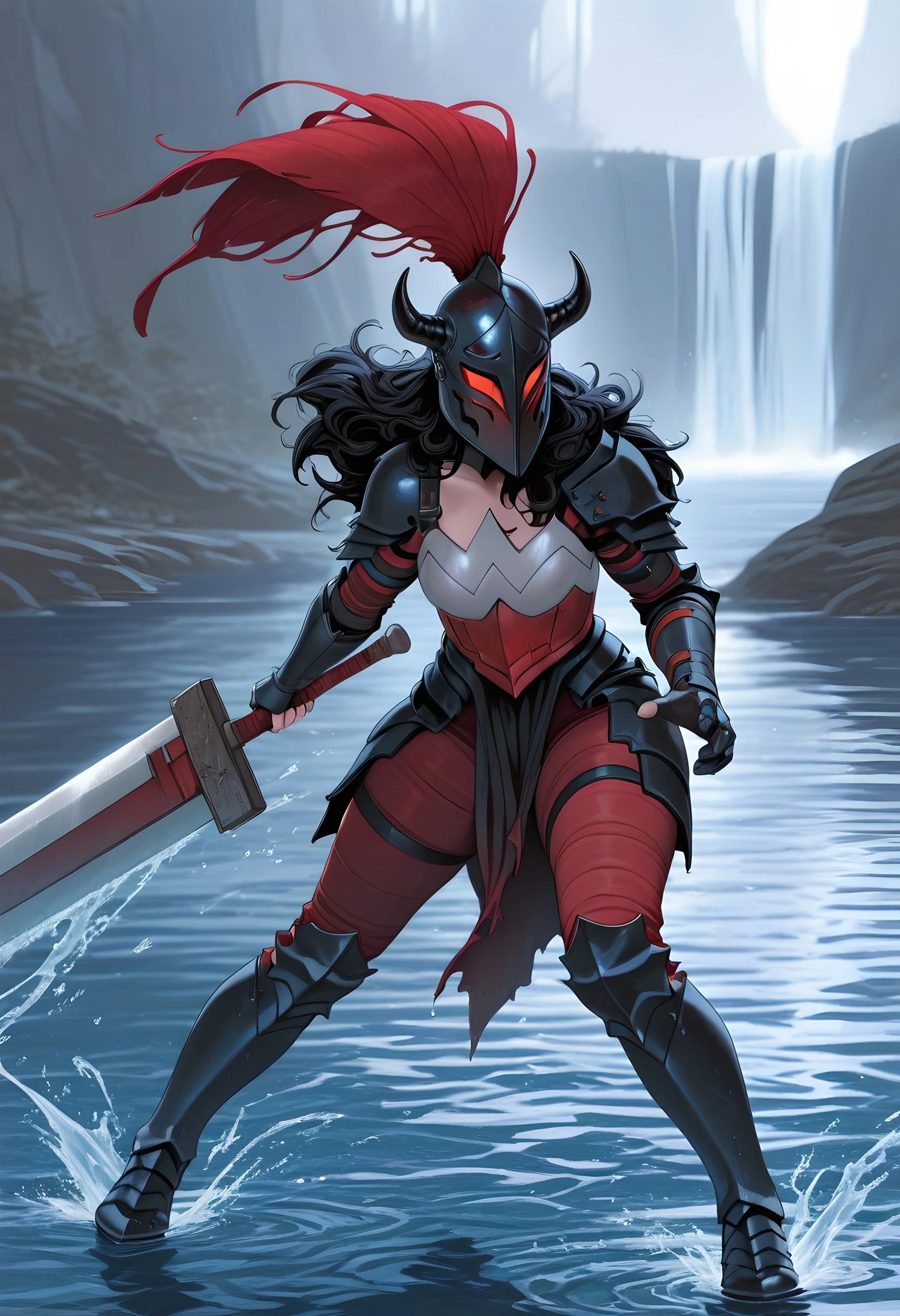 masterpiece, best quality, amazing quality, absurdres, AbsoWW, armor, sword weapon, full armor, holding, small black horns, plume, helmet, holding sword, holding weapon, 1girl, gauntlets, water, red pants, black greaves <lora:Absolute_Wonder_Woman:1.0>