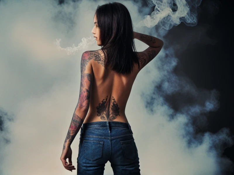 young petite woman, black low_waist_jeans,(detailed tattoo:1.2), back pose, dark art, phantasy, smoke
