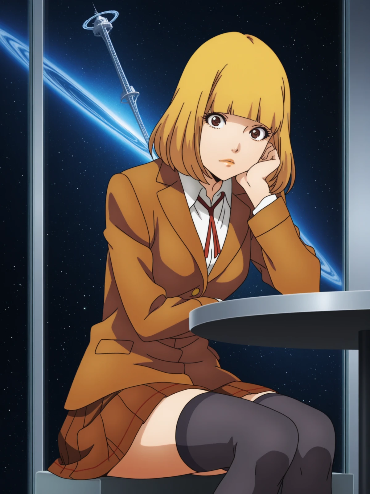 masterpiece, best quality, amazing quality,, <lora:hana-midorikawa-s1-illustriousxl-lora-nochekaiser:1>, hana midorikawa, short hair, bangs, blonde hair, brown eyes, blunt bangs, mature female, small breasts, anime screencap, skirt, shirt, thighhighs, black thighhighs, zettai ryouiki, blazer, brown blazer, brown skirt, sitting, head rest, table,, space elevator, tall, space, futuristic, technology, cowboy shot, solo, looking at viewer,