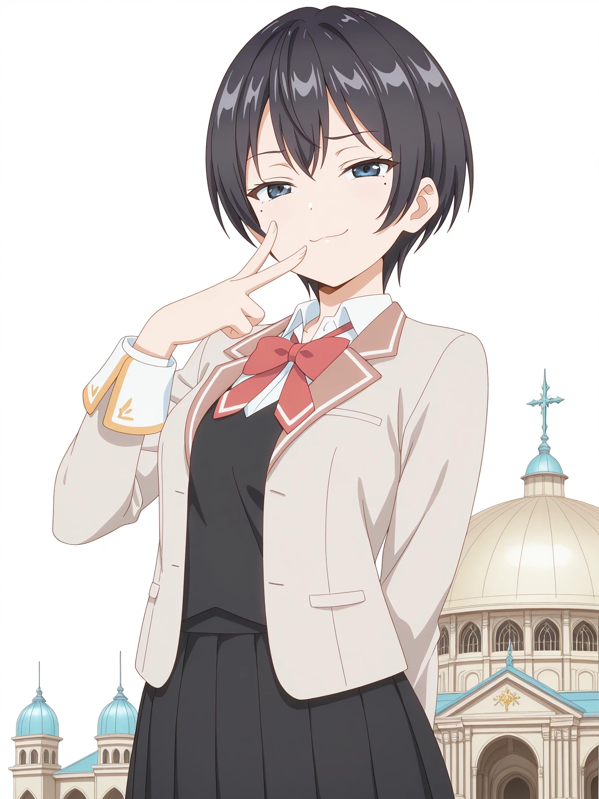 masterpiece, best quality, amazing quality,, <lora:chisaki-sarashina-s1-illustriousxl-lora-nochekaiser:1>, chisaki sarashina, black eyes, black hair, mole, mole under eye, short hair, mature female, small , anime screencap, shirt, bow, jacket, white shirt, collared shirt, bowtie, red bow, blazer, red bowtie, black skirt, pleated skirt,, v, v over mouth, smug,, mosque, dome, prayer, holy, architecture, cowboy shot, solo, looking at viewer, <lora:transparent-background-illustriousxl-lora-nochekaiser:1>, transparent background, simple background, white background