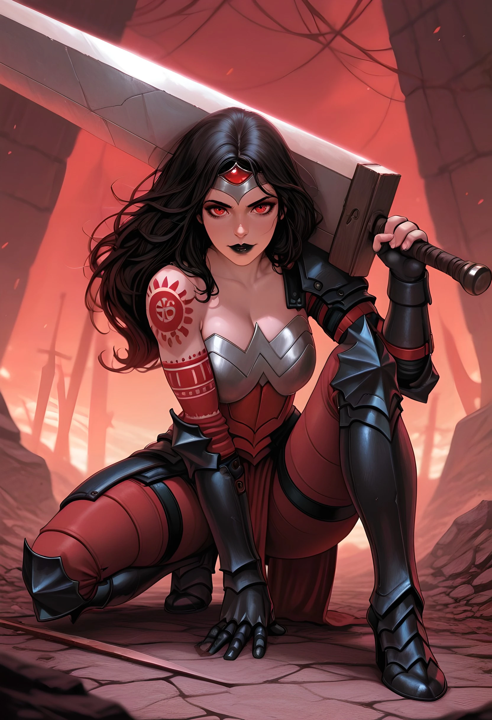 masterpiece, best quality, amazing quality, absurdres, AbsoWW, weapon, sword, holding, 1girl, armor, holding weapon, holding sword, sword over shoulder, one knee, tiara, red eyes, black lips, looking at viewer solo, squatting, gauntlets, red pants, black greaves <lora:Absolute_Wonder_Woman:1.0>