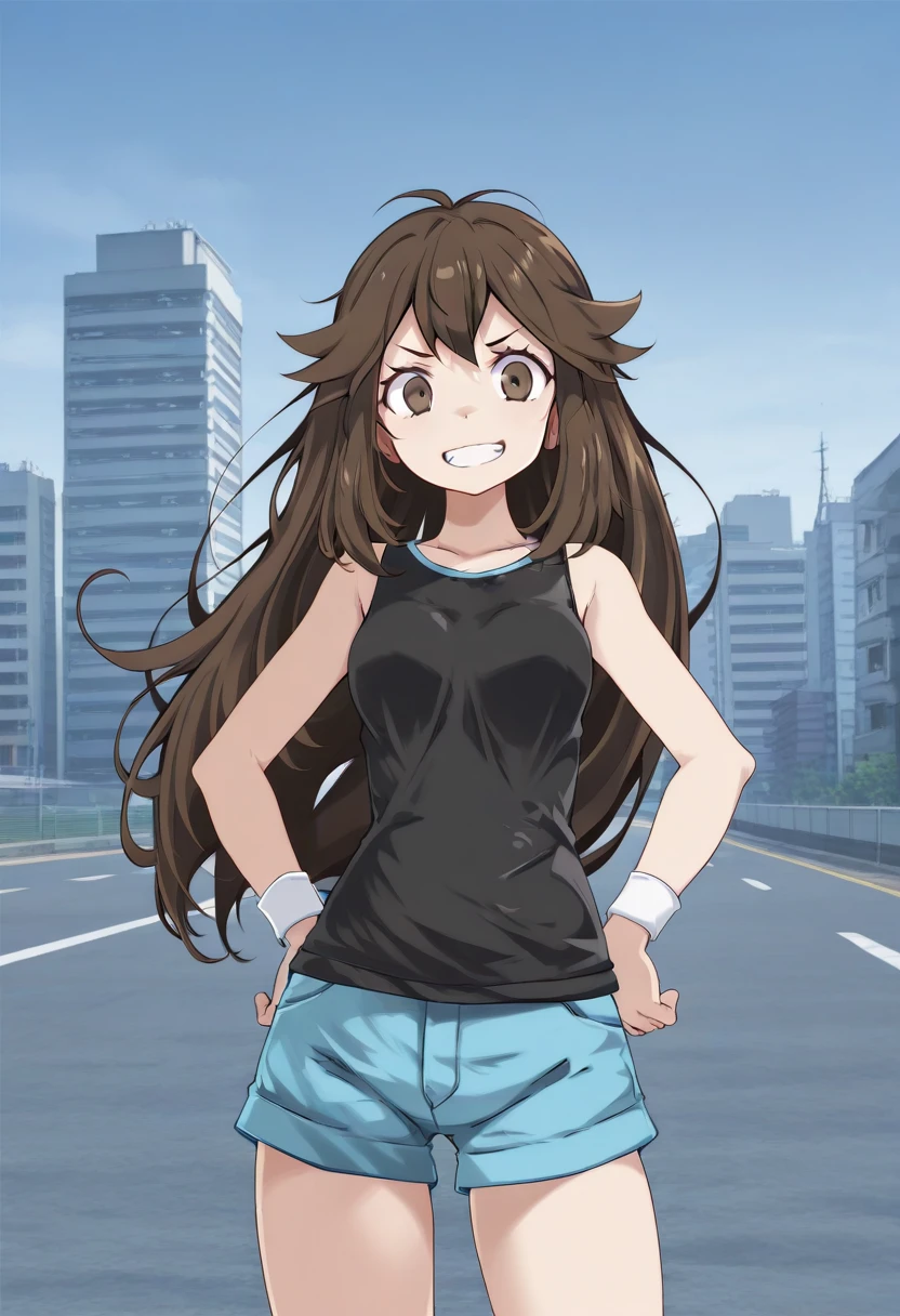 1girl, solo, frlgleaftsukishiro, no hat, brown hair, very long hair, hair between eyes, hair flaps, brown eyes, black shirt, sleeveless shirt, white wristband, blue shorts, cowboy shot, outdoors, city, hands on own hips, standing, smile, v-shaped eyebrows, grin,