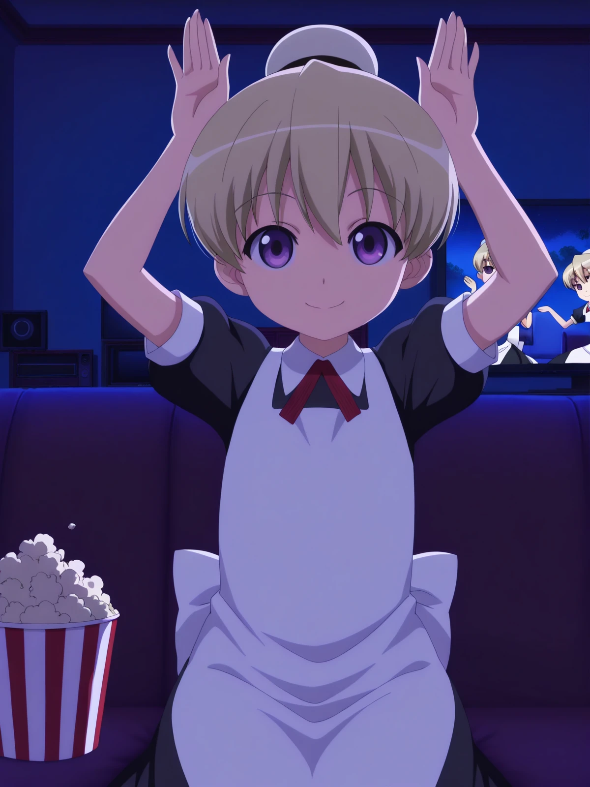 masterpiece, best quality, amazing quality,, <lora:kaibutsuoujo-flandre-s1-illustriousxl-lora-nochekaiser:1>, flandre, short hair, blonde hair, purple eyes, hair bun, anime screencap, apron, maid,, <lora:rabbit-pose-illustriousxl-lora-nochekaiser:1>, rabbit pose, hands up, looking at viewer, smile, upper body, living room, television, couch, popcorn, watching movie, night time, sitting, cowboy shot, solo, looking at viewer,