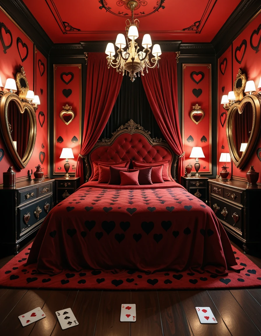 The lavish and eccentric bedroom of the Queen of Hearts, inspired by Alice in Wonderland, decorated in bold shades of red, black, and gold. At the center, a grand heart-shaped bed draped in velvet and silk dominates the room, surrounded by ornate furniture with heart motifs carved into the wood. Playing card symbols adorn the walls and floor, while oversized heart-shaped mirrors and gilded chandeliers reflect the warm crimson glow of candlelight. The atmosphere is whimsical, regal, and slightly menacing, filled with fantasy and extravagance, completely empty of people.bedroom of the Queen of H34rts <lora:bedroom_of_the_Queen_of_H34rts-i:1>, Masterpiece,best quality,hi res,8k,hi res,8k,award winning,(sharp focus, intricate, highly detailed),