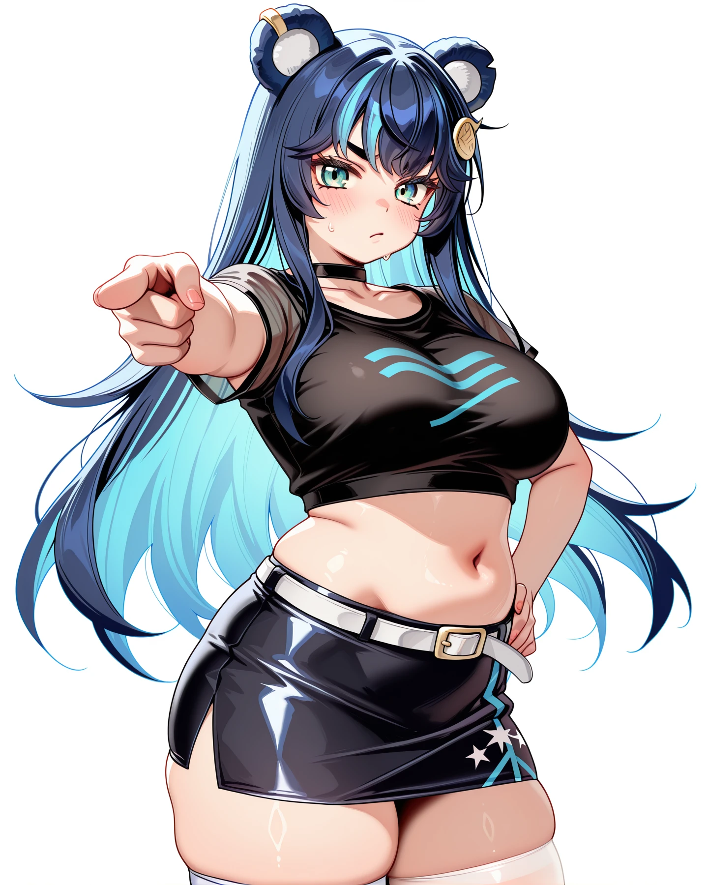 <lora:LECO-mature_female_XL(ill)v11:1> , <lora:Curvier:1>plump, thick thighs, wide hips, curvy,
<lora:Fujikura_UrukaPC:1> FujUka, long hair, blue hair, streaked hair, blue bear ears, sidelocks, black hair ornament, cyan colored inner hair, large breasts, choker, collarbone, black shirt, midriff, navel, white belt, black pencil skirt, print skirt, asymmetrical legwear, white single thighhigh, black shoes, see-through short sleeves, 
 <lora:jotaro-kujo-pose-illustriousxl-lora-nochekaiser:1> jotaro kujo pose, kujo jotaro's pose (jojo), jojo pose, pointing, pointing at viewer, cowboy shot, hand on own hip,, IllusP0s, masterpiece, best quality, amazing quality, very aesthetic, absurdres, newest, Smooth_Quality