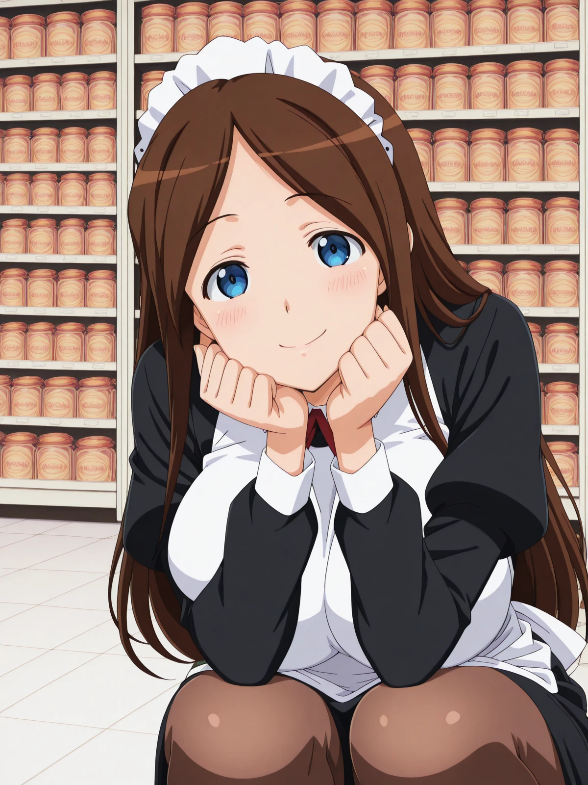 masterpiece, best quality, amazing quality,, <lora:sawawa-hiyorimi-s1-illustriousxl-lora-nochekaiser:1>, sawawa hiyorimi, long hair, brown hair, blue eyes, mature female, large breasts, anime screencap, pantyhose, apron, maid, maid headdress,, <lora:amane-himeno-photoshoot-illustriousxl-lora-nochekaiser:1>, amane himeno photoshoot, solo, looking at viewer, blush, smile, closed mouth, squatting, head rest,, shop, items, counter, customer, shelves, cowboy shot, solo, looking at viewer, <lora:transparent-background-illustriousxl-lora-nochekaiser:1>, transparent background, simple background, white background
