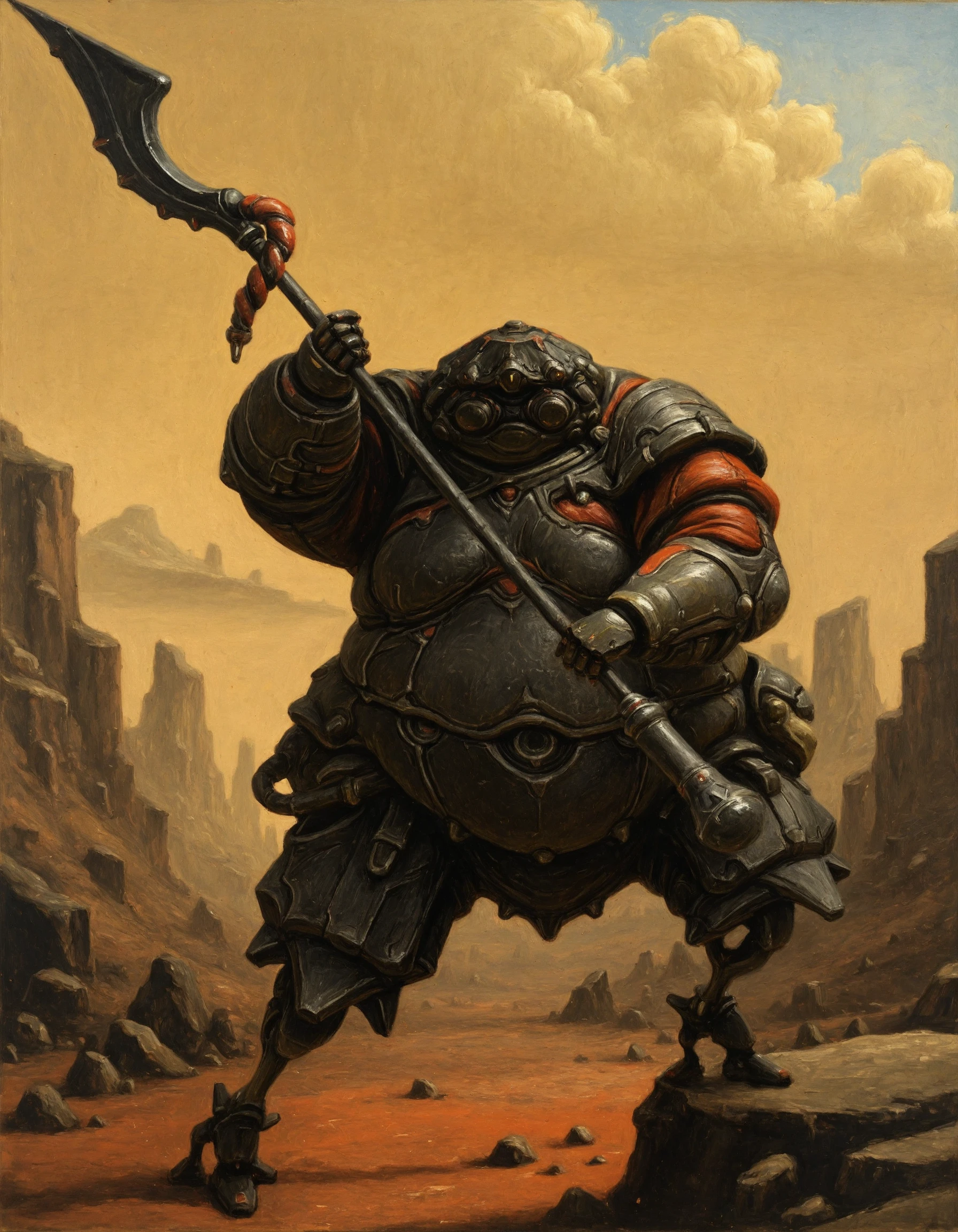 solo, robot, weapon, 1boy, armor, male focus, holding, kuva, dynamic pose <lora:Kuva_Guardian_warframeIIIustriousComission_LoRA:0.8>, <lora:Gothic_Oil_Painting_-_IL:0.8> GOTPV1.0, oil painting (medium),