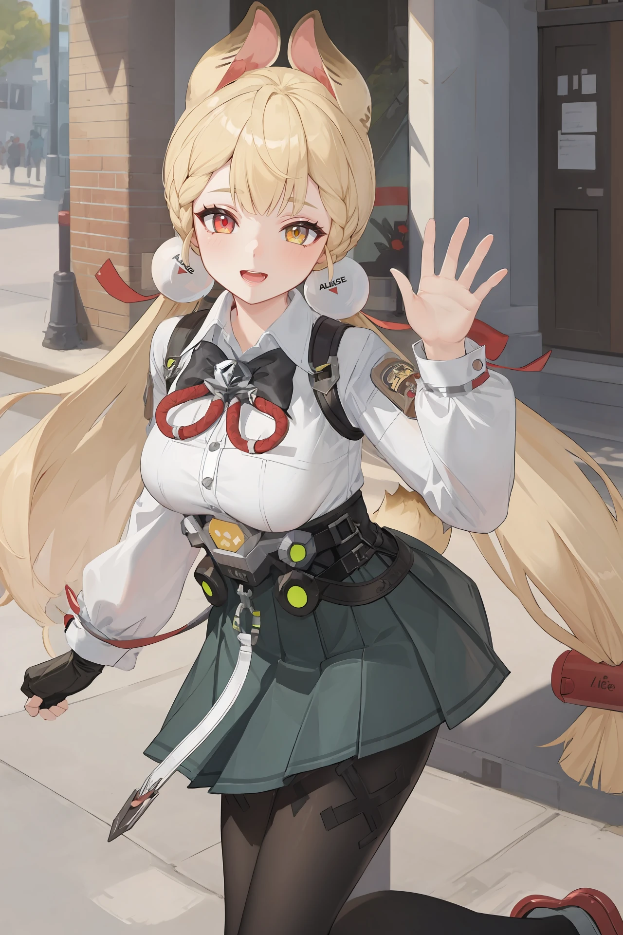(best quality, masterpiece:1.2),  <lora:Char-ZZZ-Alice-V1-SD1.5:0.9:hr=0.6>, 1girl, alice thymefield, heterochromia, solo, braided bangs, twintails, hair bobbles, white collared shirt, ribbon-trimmed sleeves, two-tone bowtie, chest harness, fingerless gloves, utility belt, high-waist pleated skirt, print pantyhose, looking at viewer, light smile, open mouth, street, outdoors, depth of field, standing, contrapposto on one leg, waving, cowboy shot