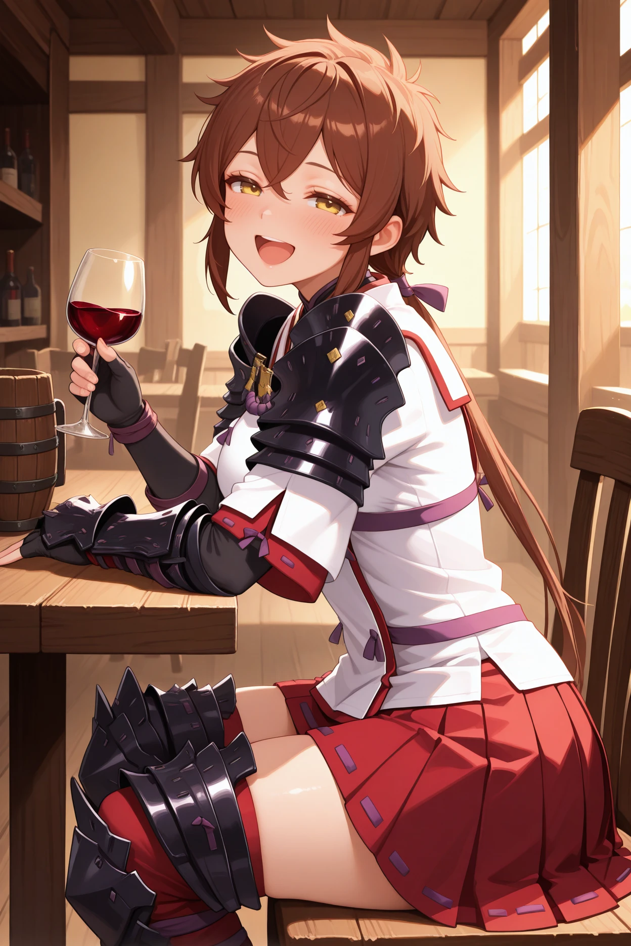 masterpiece, best quality, 1girl, solo, <lora:xclora-illu-nvwls-v1-000006:1> xclo, brown hair, low ponytail, hair between eyes, yellow eyes, black armor, shoulder armor, gauntlets, white tunic, ribbon trim, short sleeves, red skirt, pleated skirt, miniskirt, black gloves, fingerless gloves, elbow gloves, black thighhighs, armored boots, medium breasts, sitting, table, chair, from side, happy, tavern, wineglass, red wine, open mouth, half-closed eyes, blush, medium breasts, looking at viewer