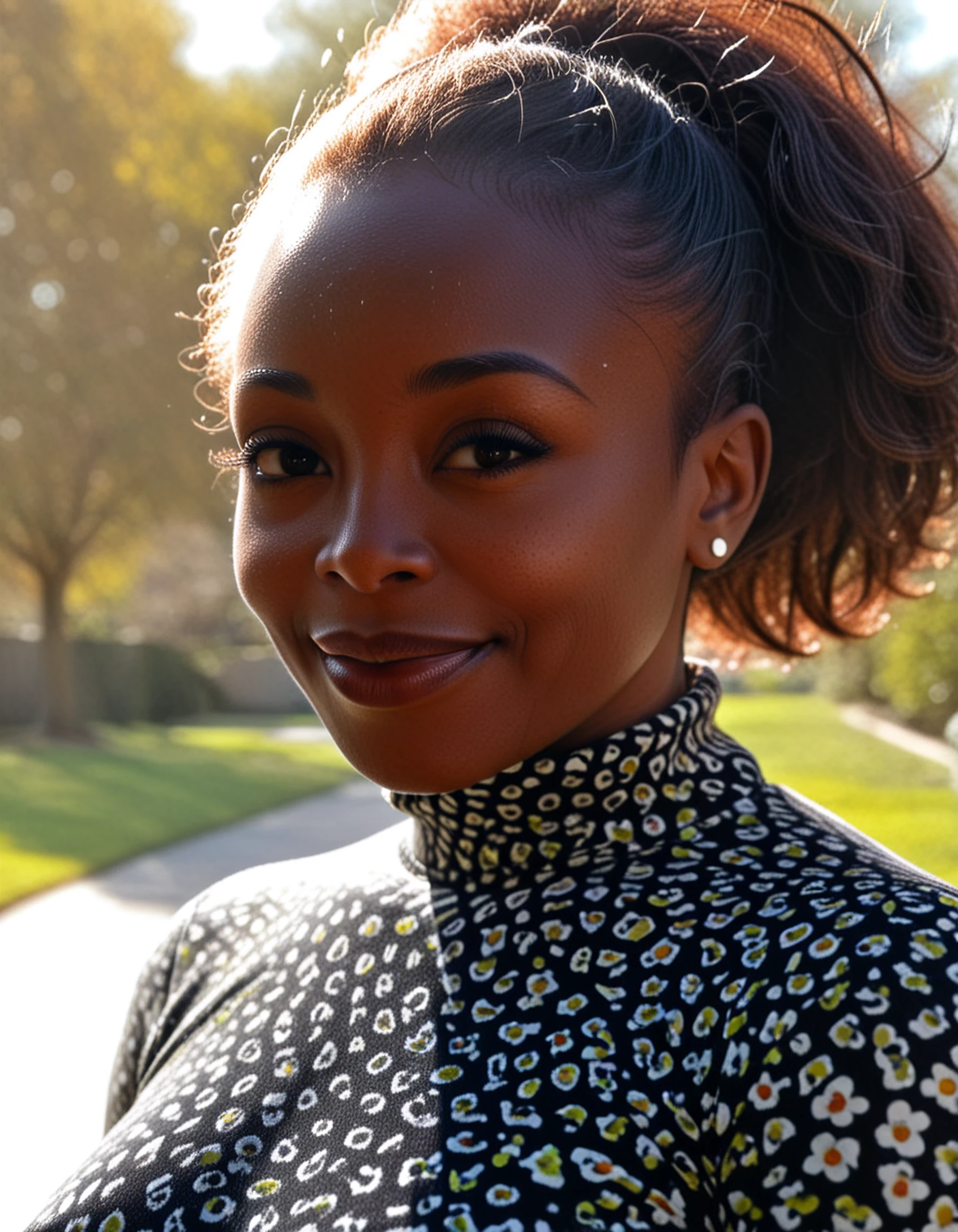 brakina,profile dark-skinned female, 50-year-old woman, face focus, subsurface scattering, skin pores, outdoors, sunlight, turtleneck, big hair, looking at viewer, dark-skinned female, smile, cinematic film still, bokeh, floral shirt,