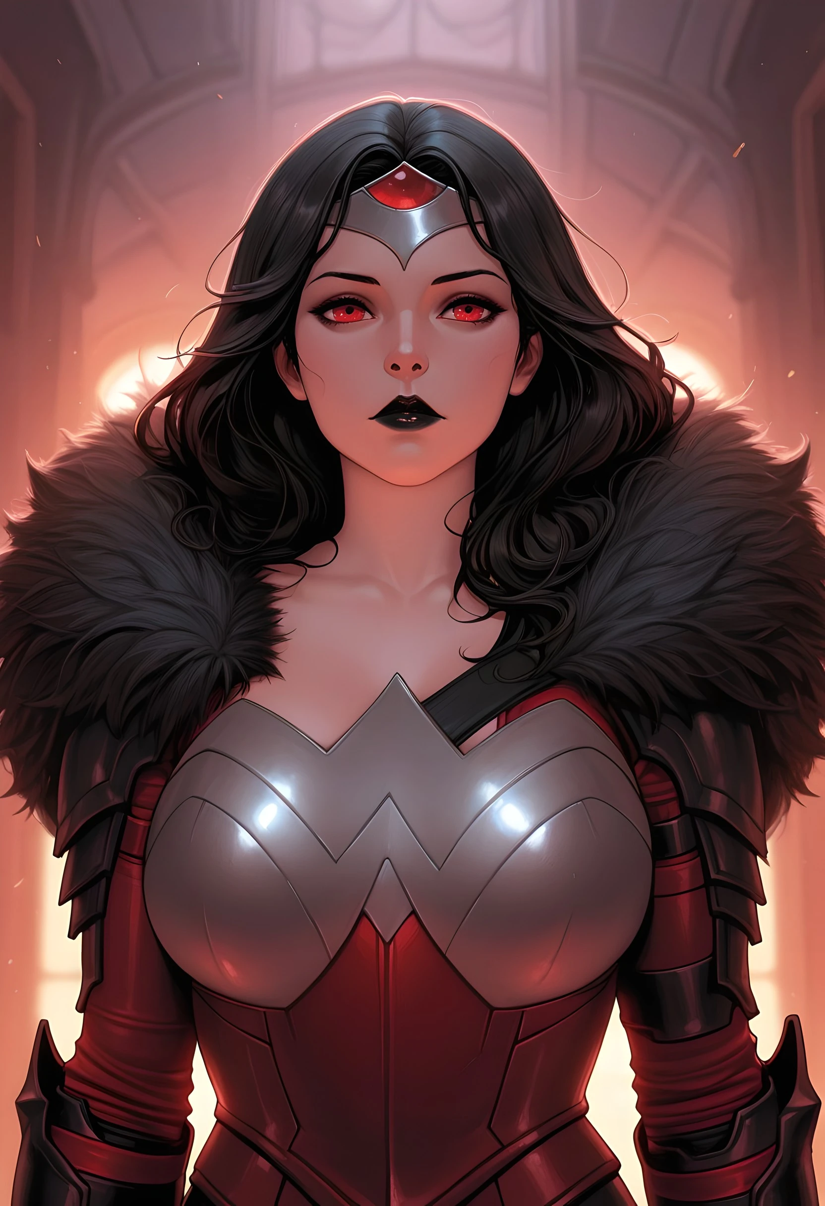 masterpiece, best quality, amazing quality, absurdres, AbsoWW, armor, full armor, fur trim, tiara, black hair, black lips, mature female, red eyes, emotionless, upper body, 1girl, gauntlets,<lora:Absolute_Wonder_Woman:1.0>