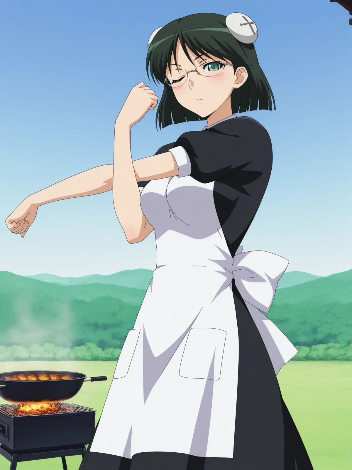masterpiece, best quality, amazing quality,, <lora:kaibutsuoujo-francisca-s1-illustriousxl-lora-nochekaiser:1>, francisca, short hair, black hair, green eyes, green hair, glasses, bun cover, mature female, medium breasts, anime screencap, apron, maid,, <lora:cross-body-stretch-illustriousxl-lora-nochekaiser:1>, cross-body stretch, stretching, arm across chest, exercising, cowboy shot, blush, one eye closed, backyard, barbecue, grilling, laughter, summer evening, cowboy shot, solo, looking at viewer,