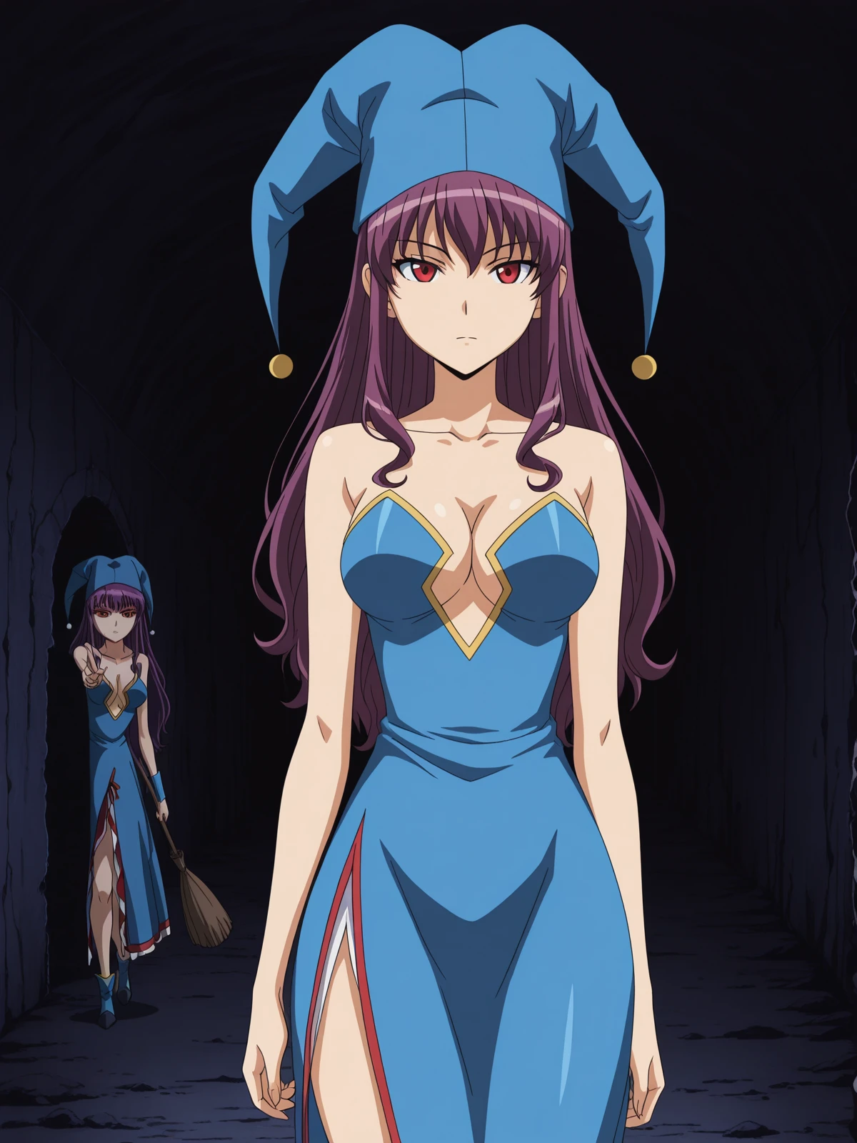 masterpiece, best quality, amazing quality,, <lora:kaibutsuoujo-witch-s1-illustriousxl-lora-nochekaiser:1>, witch, long hair, red eyes, purple hair, sidelocks, mature female, medium breasts, anime screencap, hat, dress, cleavage, dress, blue dress, sleeveless dress, collarbone, bare shoulders, sideslit, jester cap, v,, tunnel, dark, underground, passage, walls, cowboy shot, solo, looking at viewer,