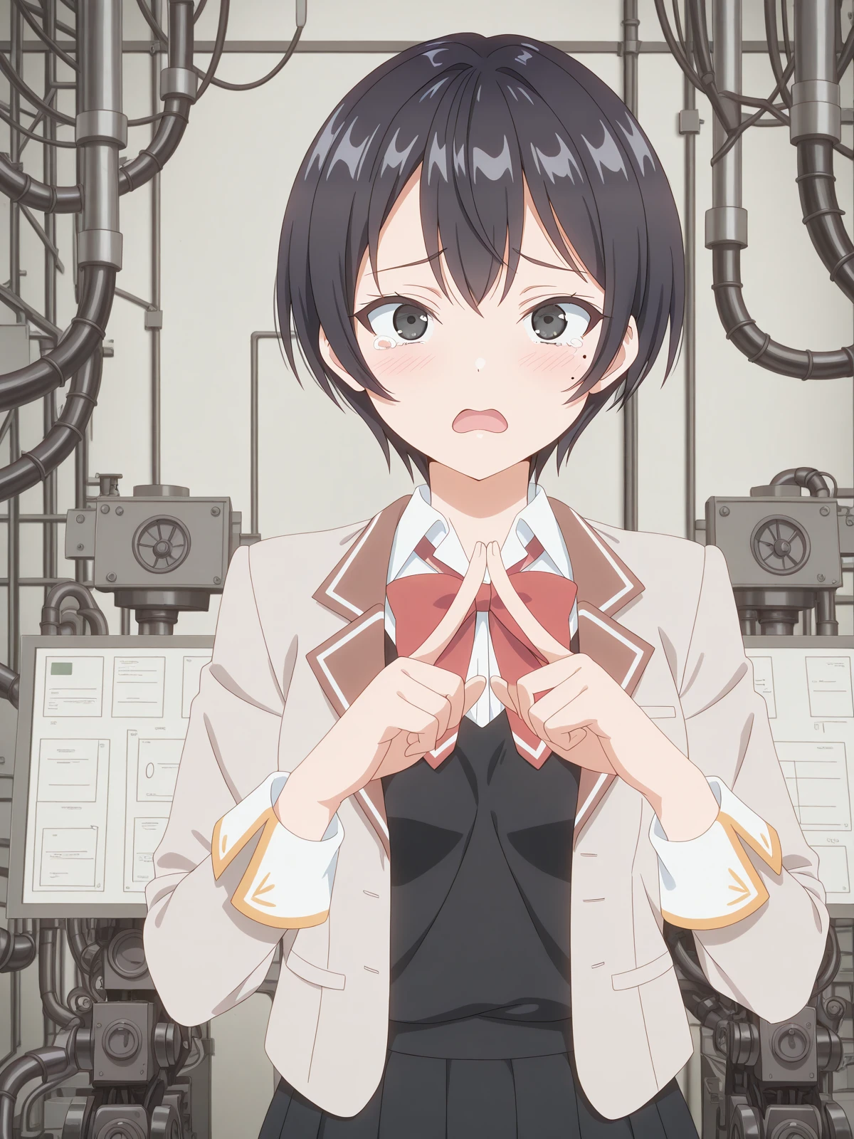 masterpiece, best quality, amazing quality,, <lora:chisaki-sarashina-s1-illustriousxl-lora-nochekaiser:1>, chisaki sarashina, black eyes, black hair, mole, mole under eye, short hair, mature female, small breasts, anime screencap, shirt, bow, jacket, white shirt, collared shirt, bowtie, red bow, blazer, red bowtie, black skirt, pleated skirt,, <lora:fidgeting-index-fingers-together-illustriousxl-lora-nochekaiser:1>, fidgeting index fingers together, index fingers together, open mouth, looking at viewer, fidgeting, blush, tearing up, upper body, factory, machines, workers, assembly, production, cowboy shot, solo, looking at viewer,