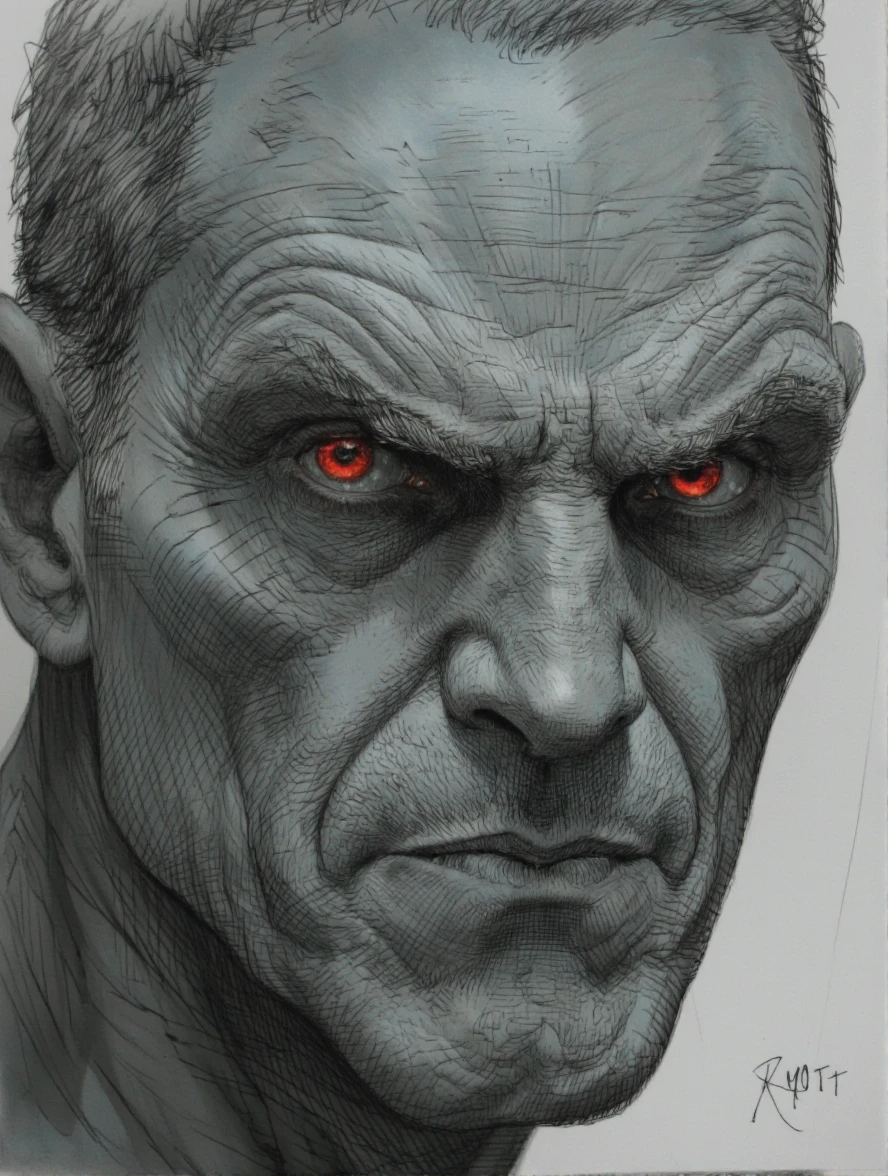 RyOtt style. A detailed, realistic digital illustration of a menacing, old man with wrinkled, grey skin and red eyes. He has a strong, intimidating presence, with a prominent nose and a prominent chin. His expression is intense and menacing. The background is a simple gradient of light gray to white, allowing the focus to remain on the man's face. The artist's signature is in the bottom right corner. The style is reminiscent of comic book art, with bold lines and shading that give the character a lifelike appearance.