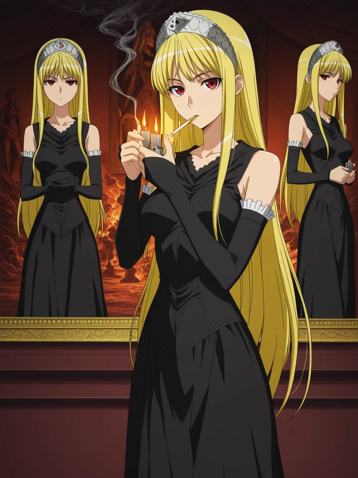 masterpiece, best quality, amazing quality,, <lora:kaibutsuoujo-liliane-s1-illustriousxl-lora-nochekaiser:1>, liliane, long hair, blonde hair, red eyes, very long hair, tiara, mature female, medium breasts, anime screencap, gloves, dress, detached sleeves, elbow gloves, black dress, bare shoulders, sleeveless dress, collarbone, long skirt,, <lora:lighting-cigarette-illustriousxl-lora-nochekaiser:1>, lighting cigarette, lighter, holding lighter, cigarette, smoking, fire, smoke, holding, cowboy shot, art gallery, paintings, sculptures, exhibits, quiet, cowboy shot, solo, looking at viewer,