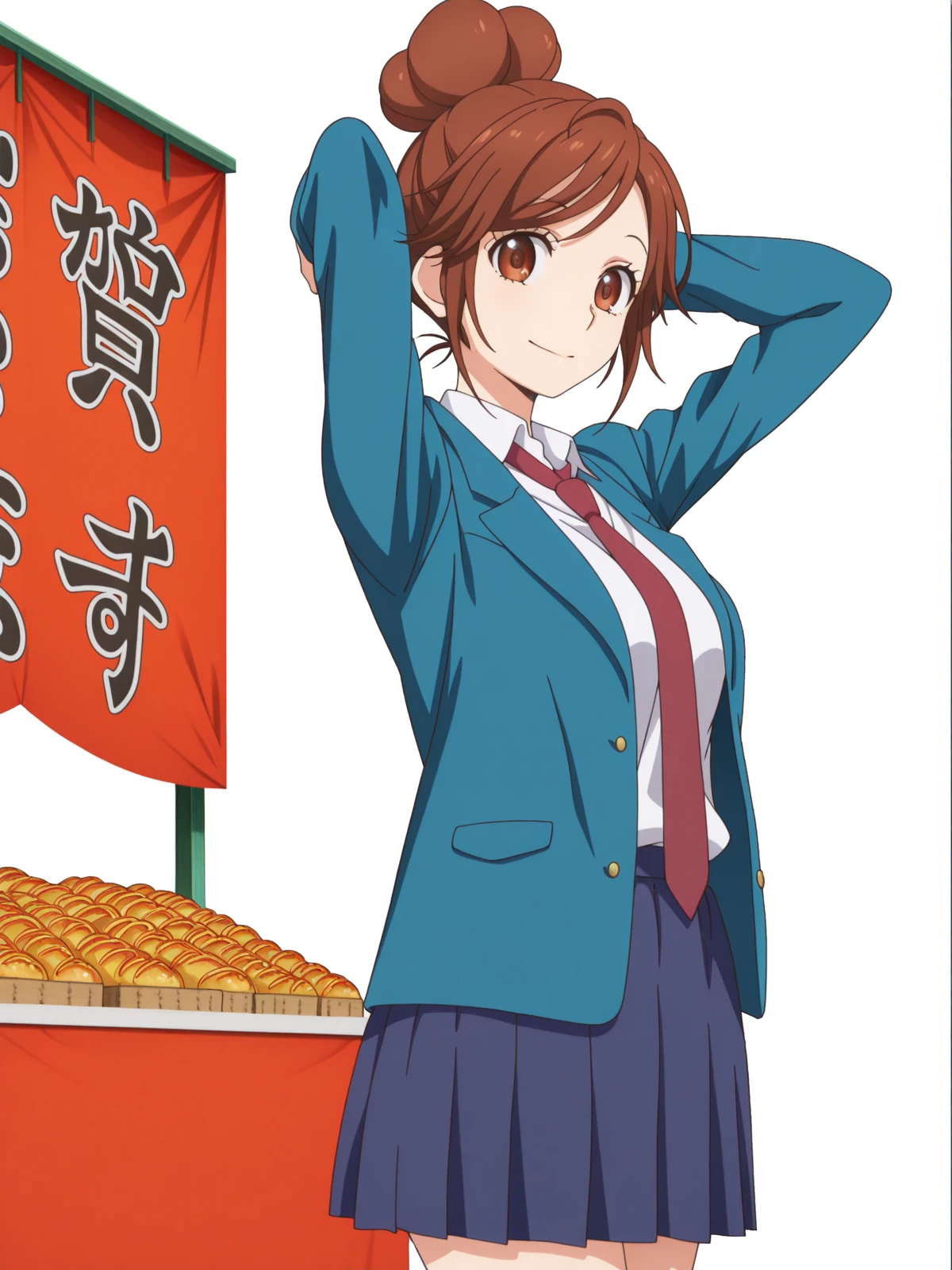 masterpiece, best quality, amazing quality,, <lora:natsuki-enomoto-movie-illustriousxl-lora-nochekaiser:1>, natsuki enomoto, short hair, brown hair, brown eyes, hair bun, single hair bun, swept bangs, mature female, medium breasts, anime screencap, skirt, jacket, pleated skirt, necktie, blazer, blue blazer, shirt, white shirt, collared shirt, red necktie, blue skirt,, hand behind head, , festival, fireworks, summer night, food stall, traditional, arms up, cowboy shot, solo, looking at viewer, <lora:transparent-background-illustriousxl-lora-nochekaiser:1>, transparent background, simple background, white background