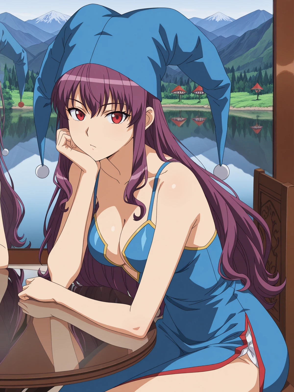 masterpiece, best quality, amazing quality,, <lora:kaibutsuoujo-witch-s1-illustriousxl-lora-nochekaiser:1>, witch, long hair, red eyes, purple hair, sidelocks, mature female, medium breasts, anime screencap, hat, dress, cleavage, dress, blue dress, sleeveless dress, collarbone, bare shoulders, sideslit, jester cap, sitting, head rest, table,, lake, water, reflection, mountains, calm, cowboy shot, solo, looking at viewer,