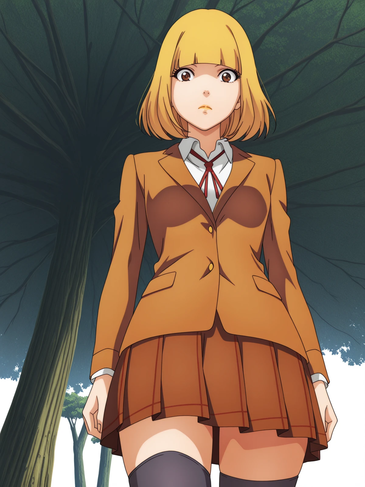 masterpiece, best quality, amazing quality,, <lora:hana-midorikawa-s1-illustriousxl-lora-nochekaiser:1>, hana midorikawa, short hair, bangs, blonde hair, brown eyes, blunt bangs, mature female, small breasts, anime screencap, skirt, shirt, thighhighs, black thighhighs, zettai ryouiki, blazer, brown blazer, brown skirt, from below, treehouse, tree, wood, nature, height, cowboy shot, solo, looking at viewer, <lora:transparent-background-illustriousxl-lora-nochekaiser:1>, transparent background, simple background, white background