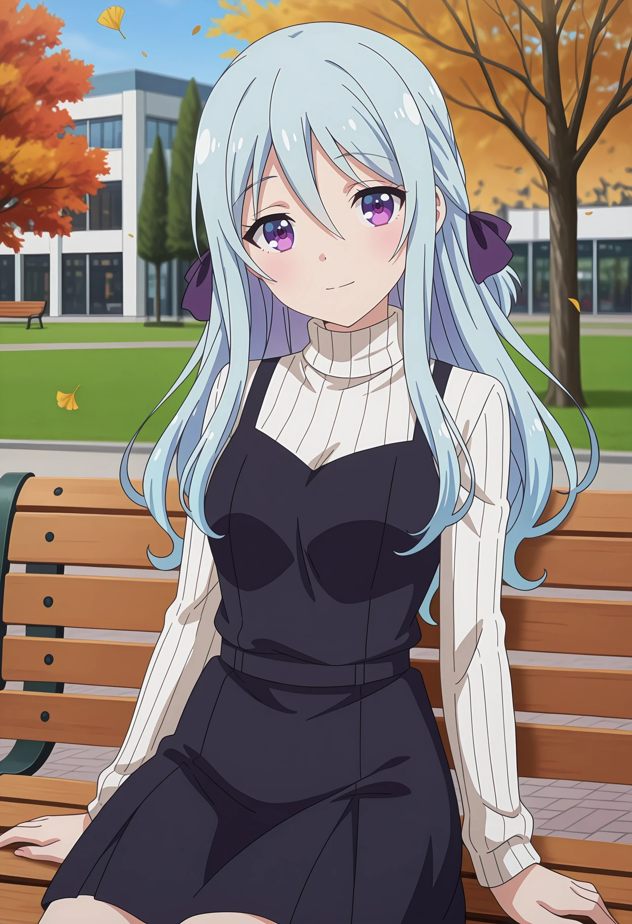 anime screencap, masterpiece, best quality,
1girl, solo, closed mouth, light smile, blush, head tilt,
hair between eyes, long hair, light blue hair, purple eyes, hair ribbon, purple ribbon,
turtleneck sweater, ribbed sweater, white sweater, black dress,
sitting, on bench, park bench, looking at viewer, cowboy shot,
outdoors, building, grass, park, tree, falling leaves, autumn, blue sky, photo background, blurry background
 <lora:ClassroomOfTheElite_HiyoriShiina_IlluXL:0.9>