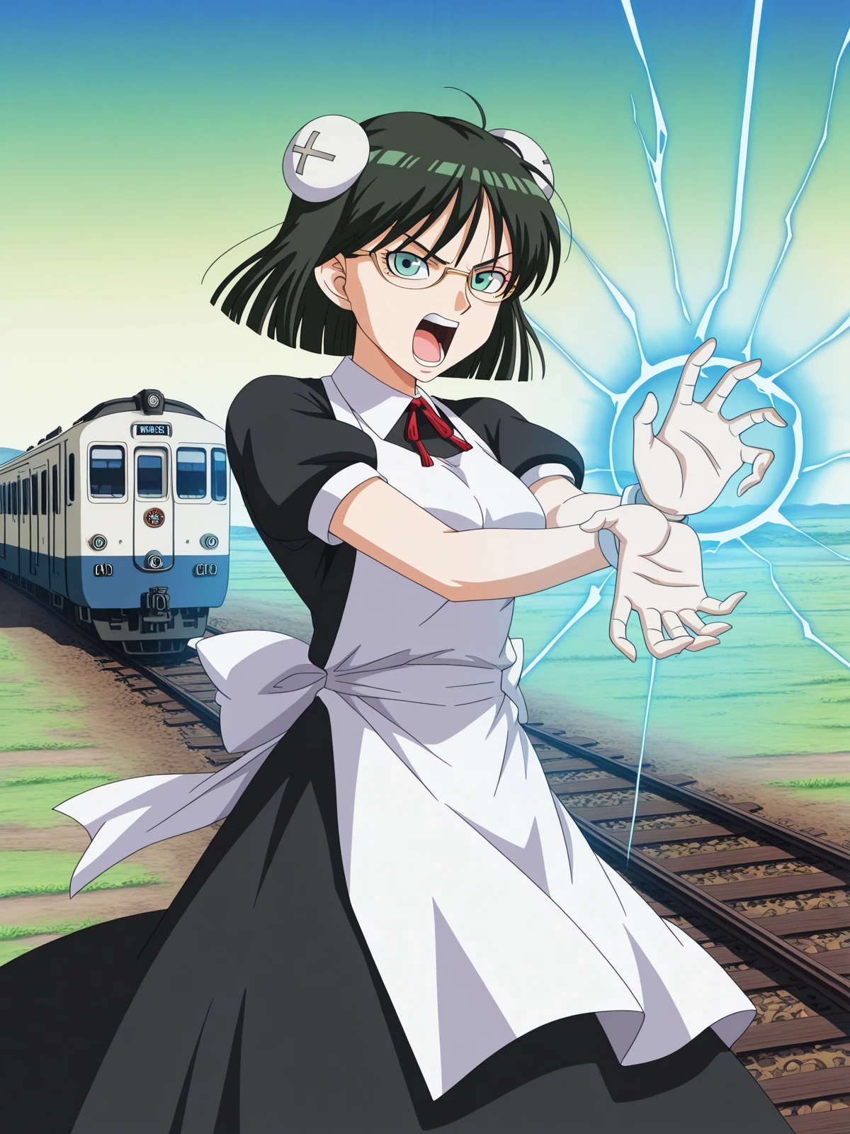 masterpiece, best quality, amazing quality,, <lora:kaibutsuoujo-francisca-s1-illustriousxl-lora-nochekaiser:1>, francisca, short hair, black hair, green eyes, green hair, glasses, bun cover, mature female, medium breasts, anime screencap, apron, maid,, <lora:kamehameha-illustriousxl-lora-nochekaiser:1>, kamehameha, kamehameha (dragon ball), open mouth, outstrecthed arms, torn clothes, shouting, energy, energy beam, energy ball, electricity,, railroad tracks, rails, train, journey, long, cowboy shot, solo, looking at viewer,