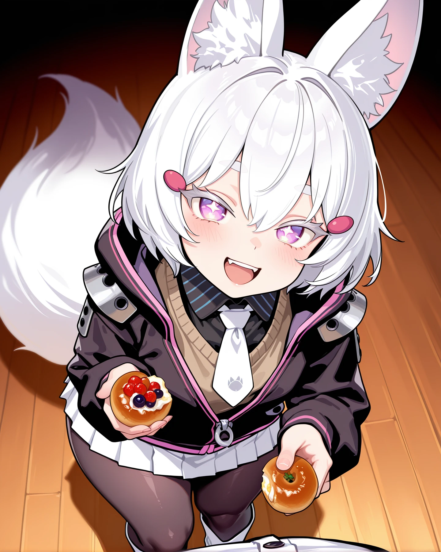 <lora:LECO-mature_female_XL(ill)v11:1> , <lora:Curvier:1>plump, thick thighs, wide , curvy,
<lora:Tenma_MaemiPC:1> MaEnma, fox girl, short hair, white hair, fox ears, fox tail, white colored eyelashes, purple eyes, hair ornament, black shirt collar, white necktie, long sleeves sweater, brown sweater, white skirt, black pantyhose, pink trim, white boots, black jackets, partially unzipped jacket, hood down, large zipper pull tab, metal shoulder pads,
FAE_LeaningOnViewer, holding food, incoming food, happy,, IllusP0s, masterpiece, best quality, amazing quality, very aesthetic, absurdres, newest, Smooth_Quality