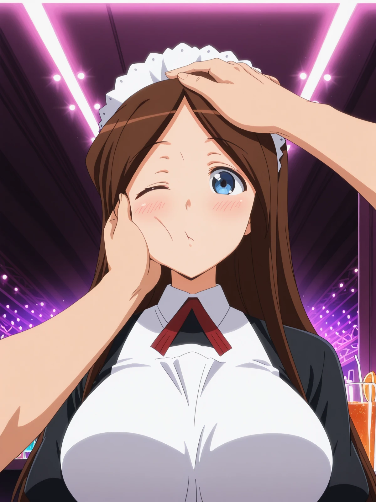 masterpiece, best quality, amazing quality,, <lora:sawawa-hiyorimi-s1-illustriousxl-lora-nochekaiser:1>, sawawa hiyorimi, long hair, brown hair, blue eyes, mature female, large breasts, anime screencap, pantyhose, apron, maid, maid headdress,, <lora:pov-cheek-and-head-pat-illustriousxl-lora-nochekaiser:1>, pov cheek and head pat, pov cheek and head pat (meme), looking at viewer, blush, upper body, one eye closed, solo focus, pov, hand on another's head, pov hands, headpat, hand on another's face, hand on another's cheek, petting,, nightclub, lights, music, dance, drinks, cowboy shot, solo, looking at viewer,